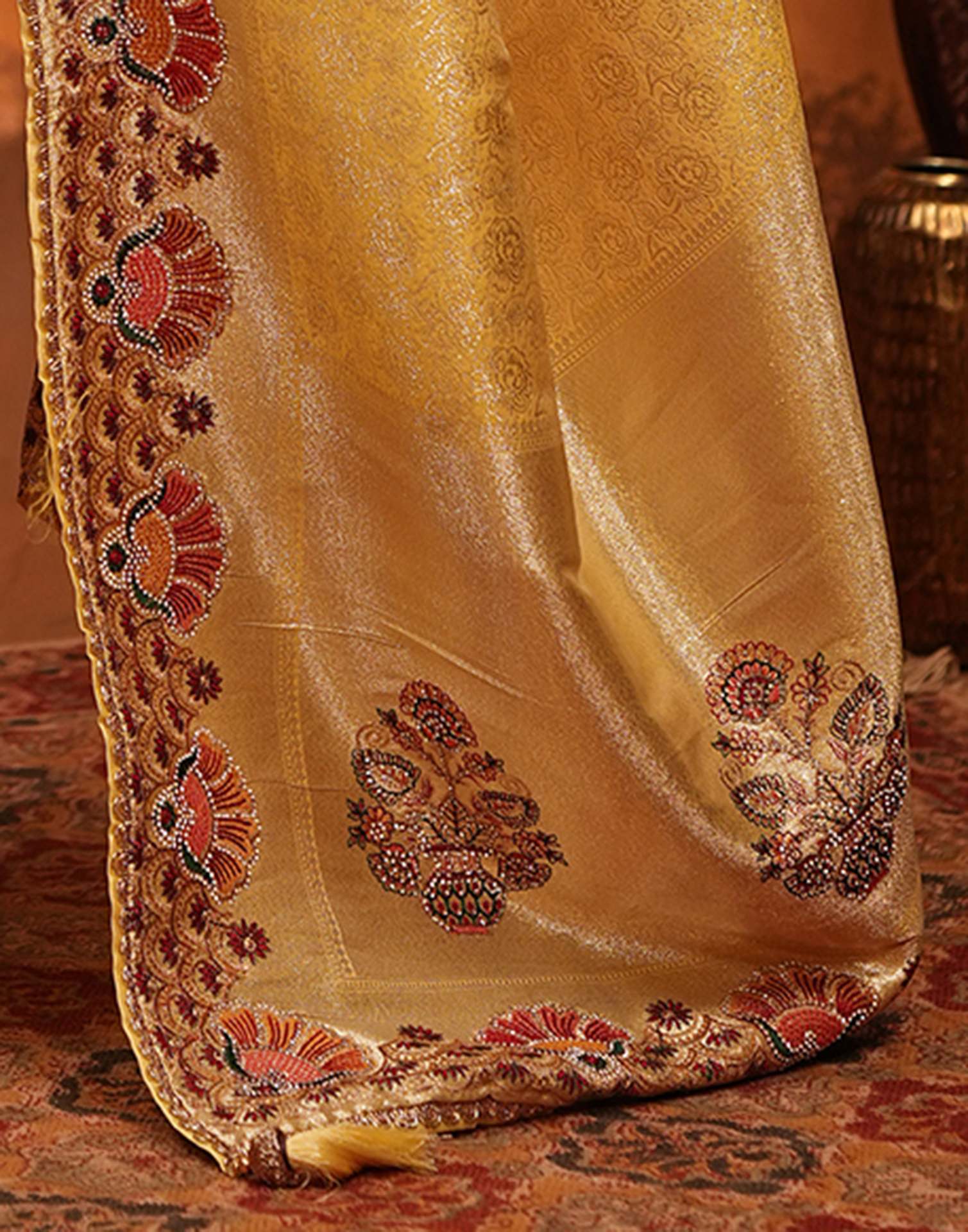 Light Yellow Silk Woven Embroidery Stone Work Banarasi Saree - Image 10