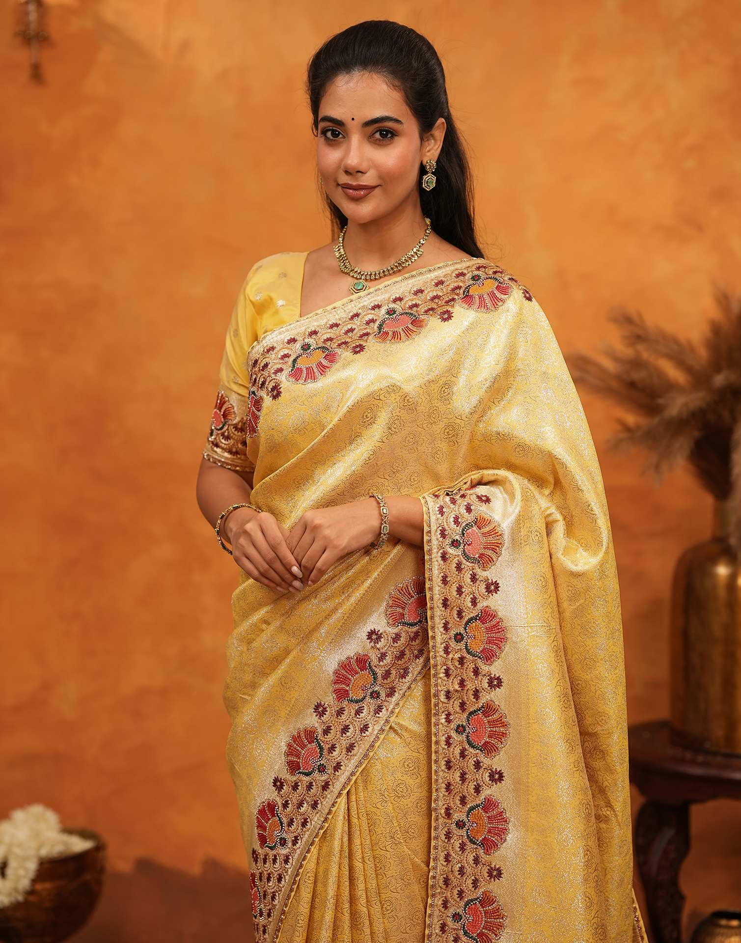 Light Yellow Silk Woven Embroidery Stone Work Banarasi Saree - Image 2