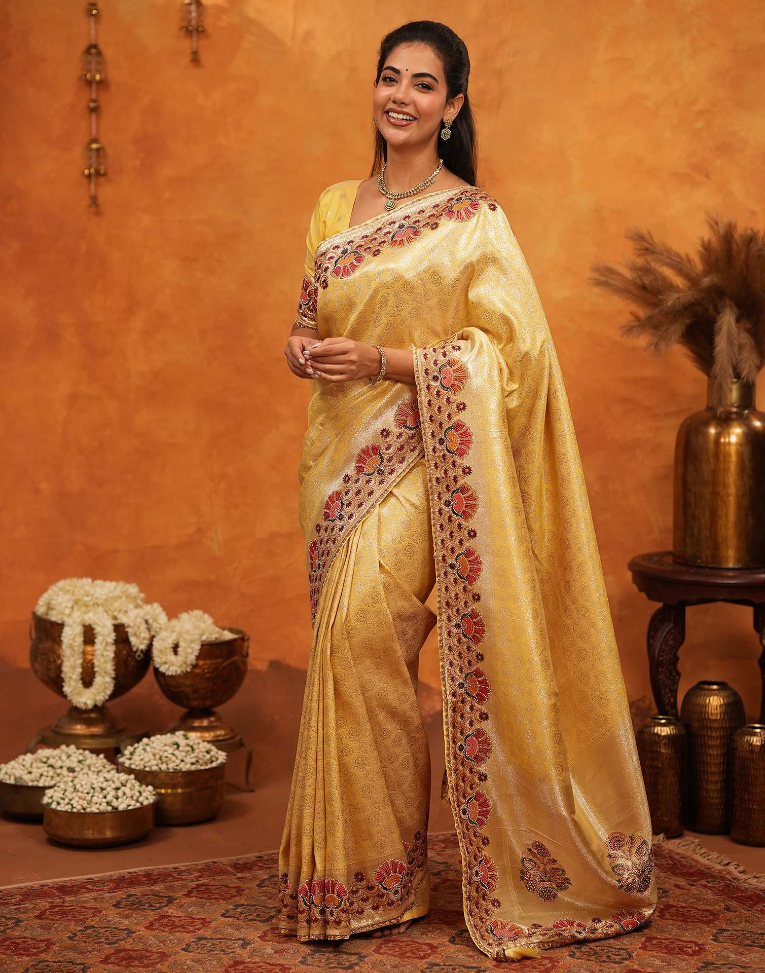 Light Yellow Silk Woven Embroidery Stone Work Banarasi Saree - Image 4