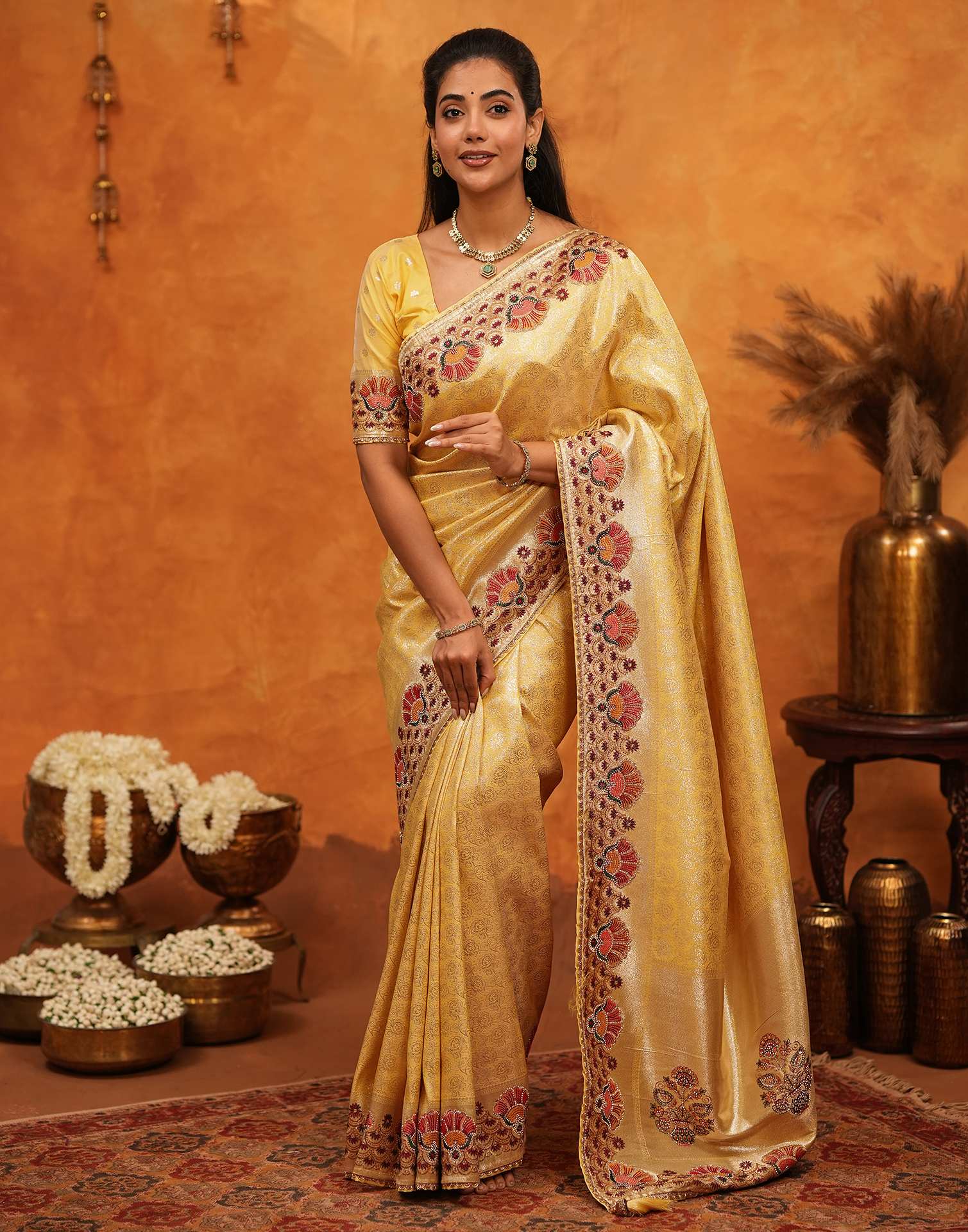 Light Yellow Silk Woven Embroidery Stone Work Banarasi Saree - Image 5
