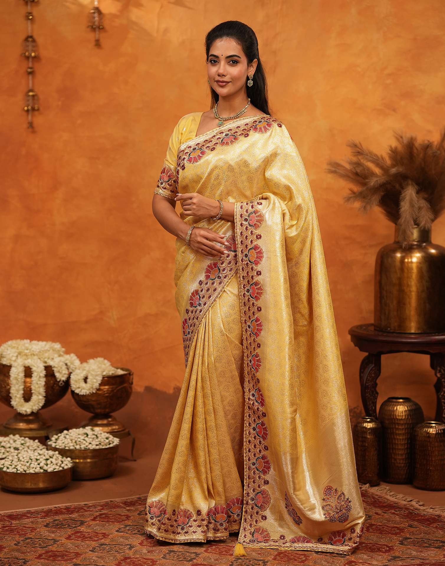 Light Yellow Silk Woven Embroidery Stone Work Banarasi Saree - Image 7