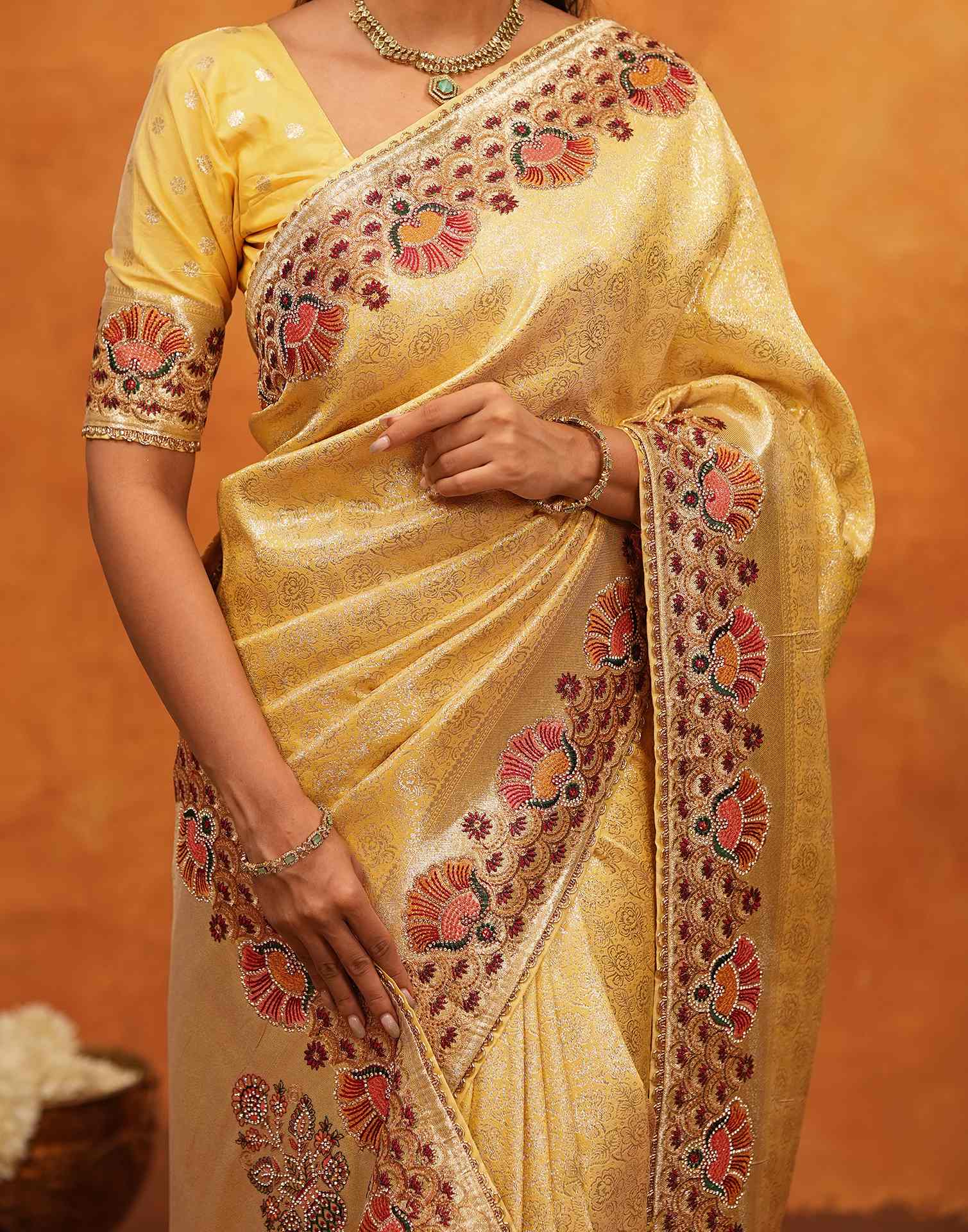 Light Yellow Silk Woven Embroidery Stone Work Banarasi Saree - Image 9
