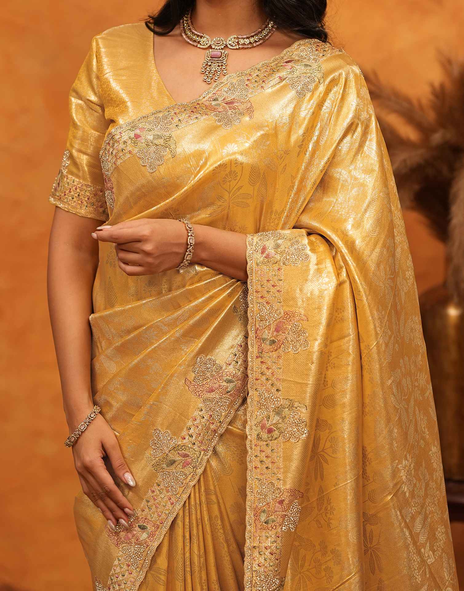 Light Yellow Silk Woven Embroidery Stone Work Banarasi Saree - Image 11
