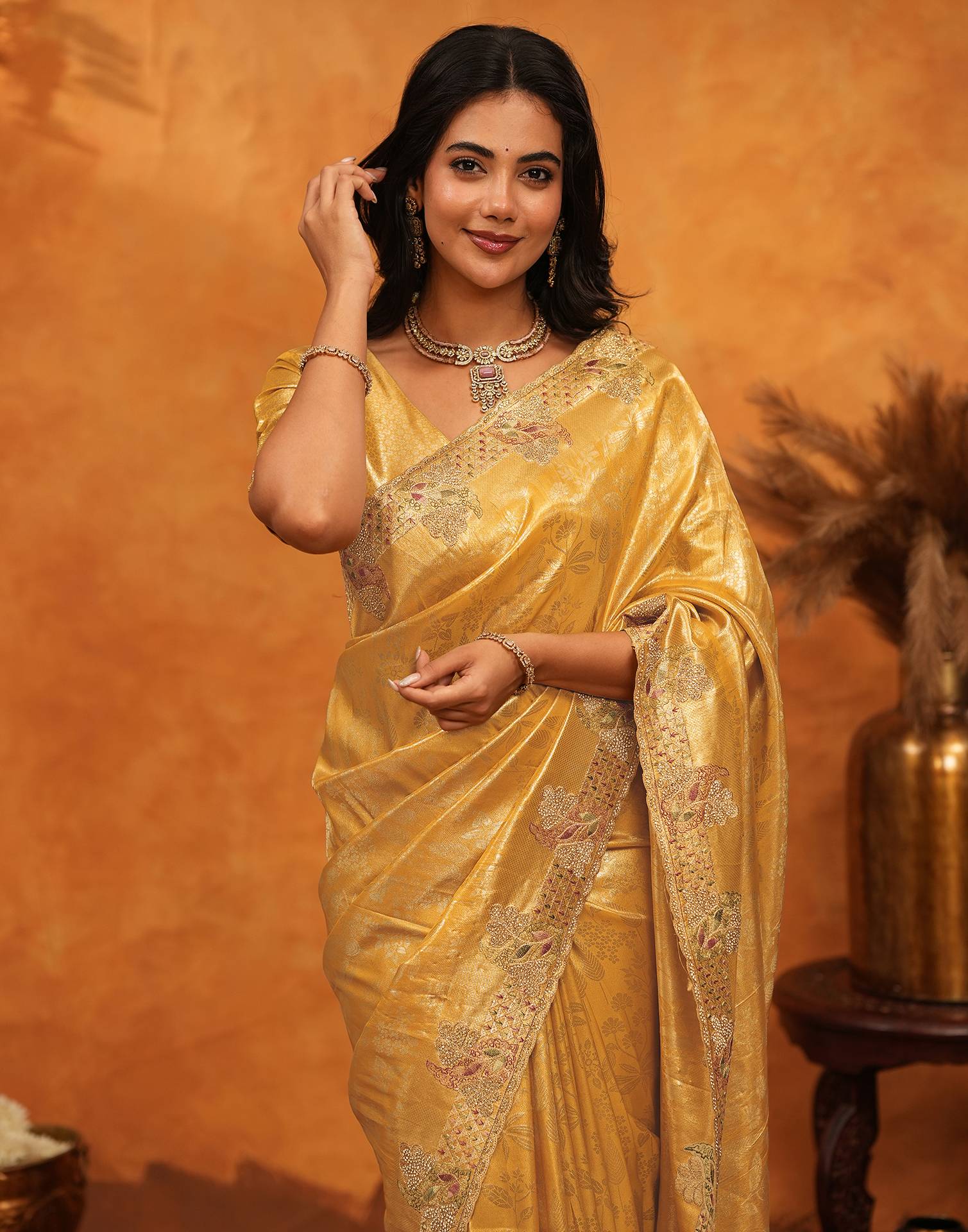Light Yellow Silk Woven Embroidery Stone Work Banarasi Saree - Image 2