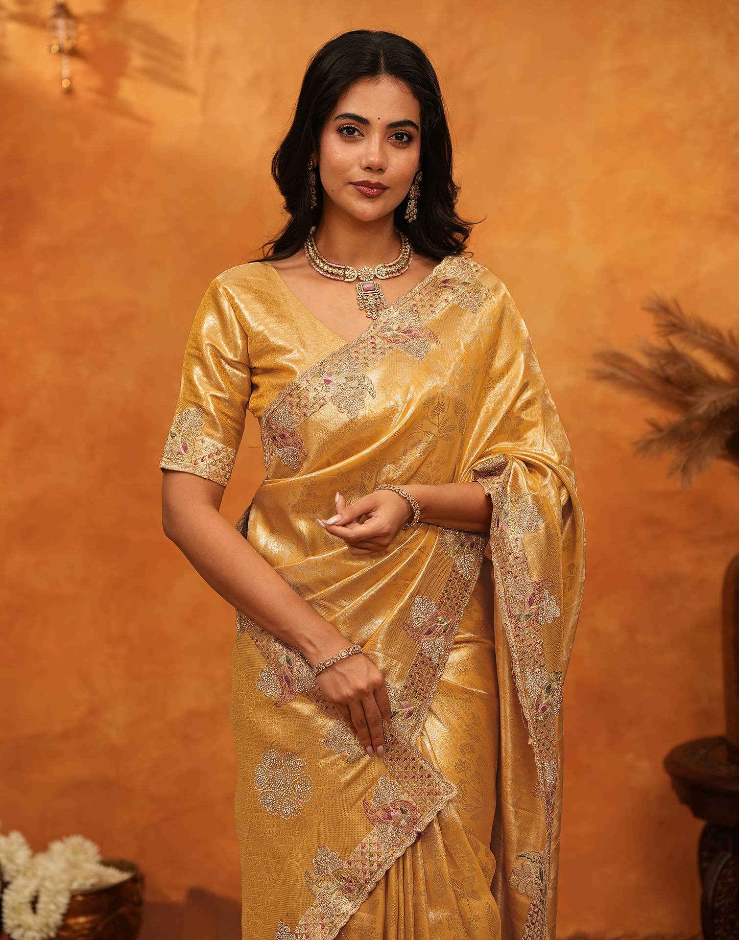Light Yellow Silk Woven Embroidery Stone Work Banarasi Saree - Image 4