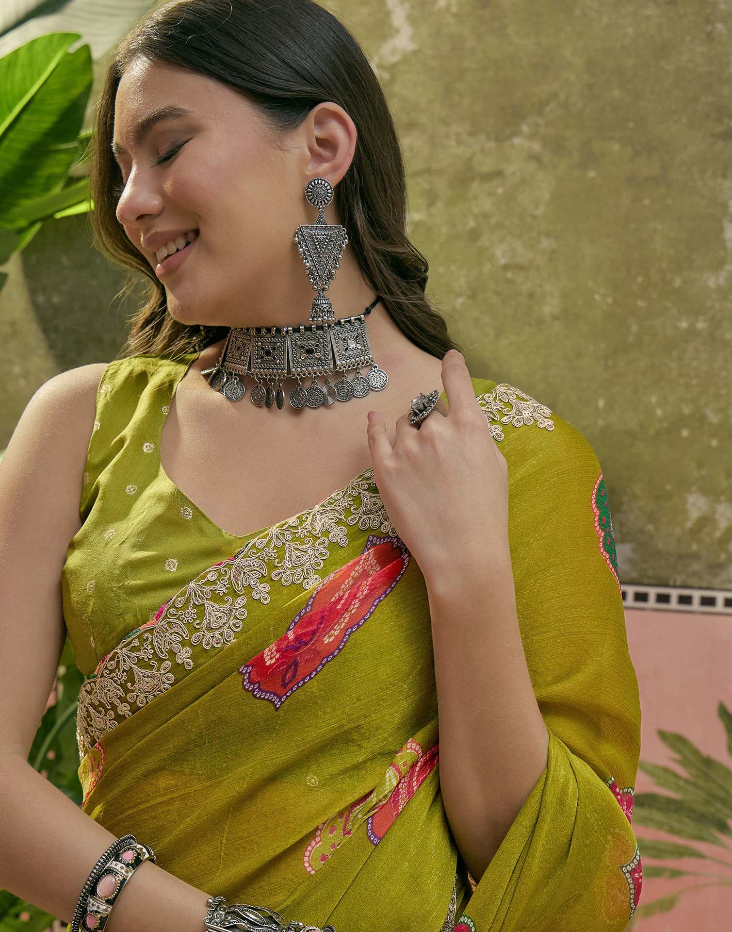 Lime Green Chiffon Bandhani Printed Embroidery Saree - Image 2