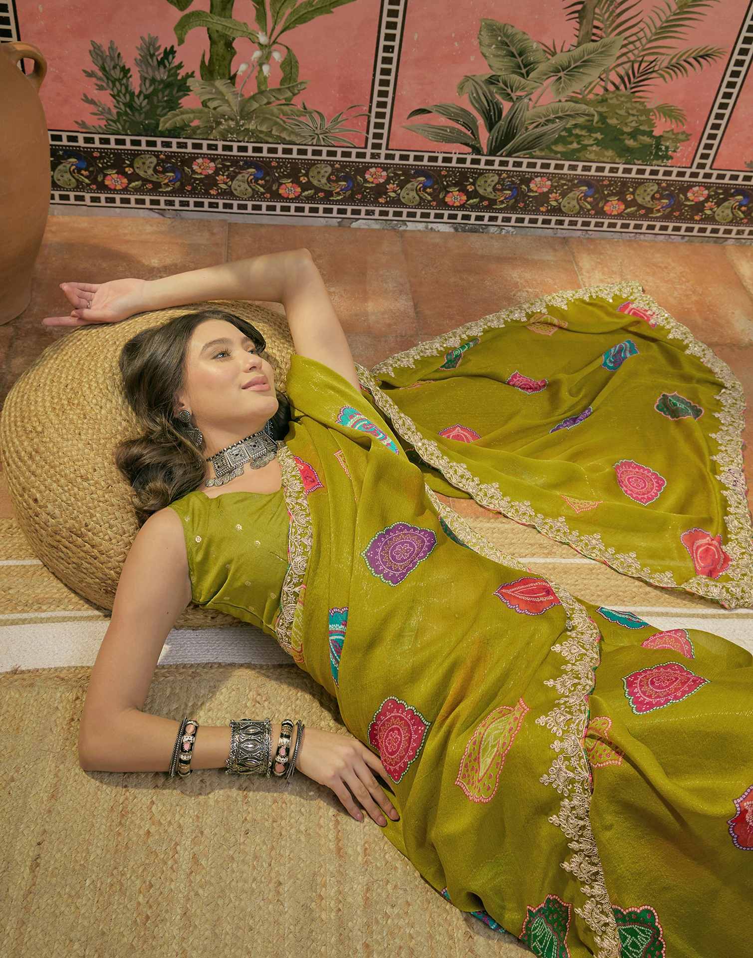Lime Green Chiffon Bandhani Printed Embroidery Saree - Image 4
