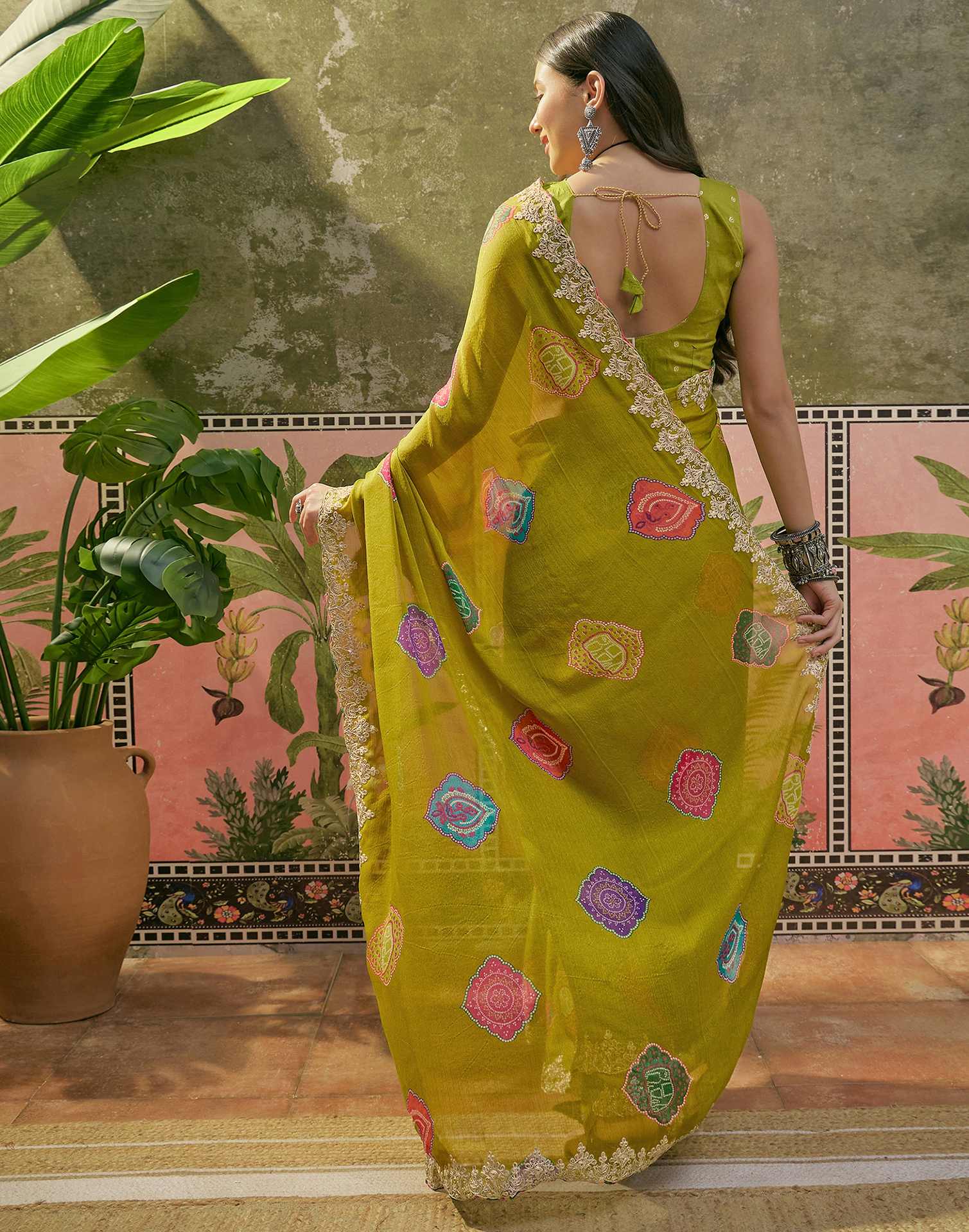 Lime Green Chiffon Bandhani Printed Embroidery Saree - Image 7