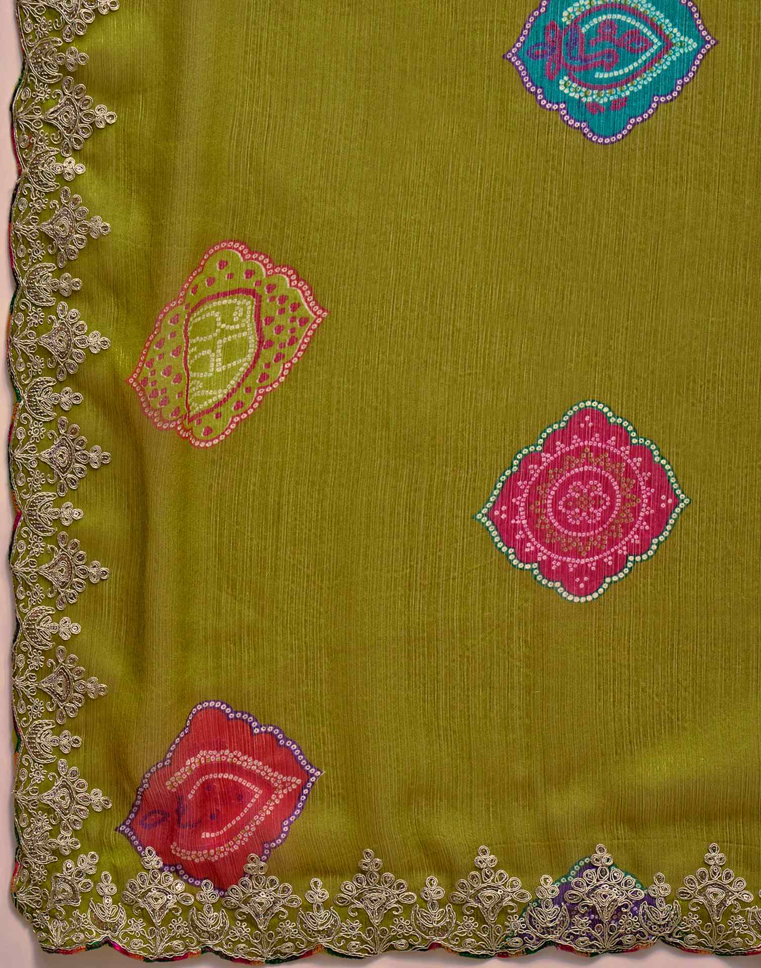 Lime Green Chiffon Bandhani Printed Embroidery Saree - Image 9