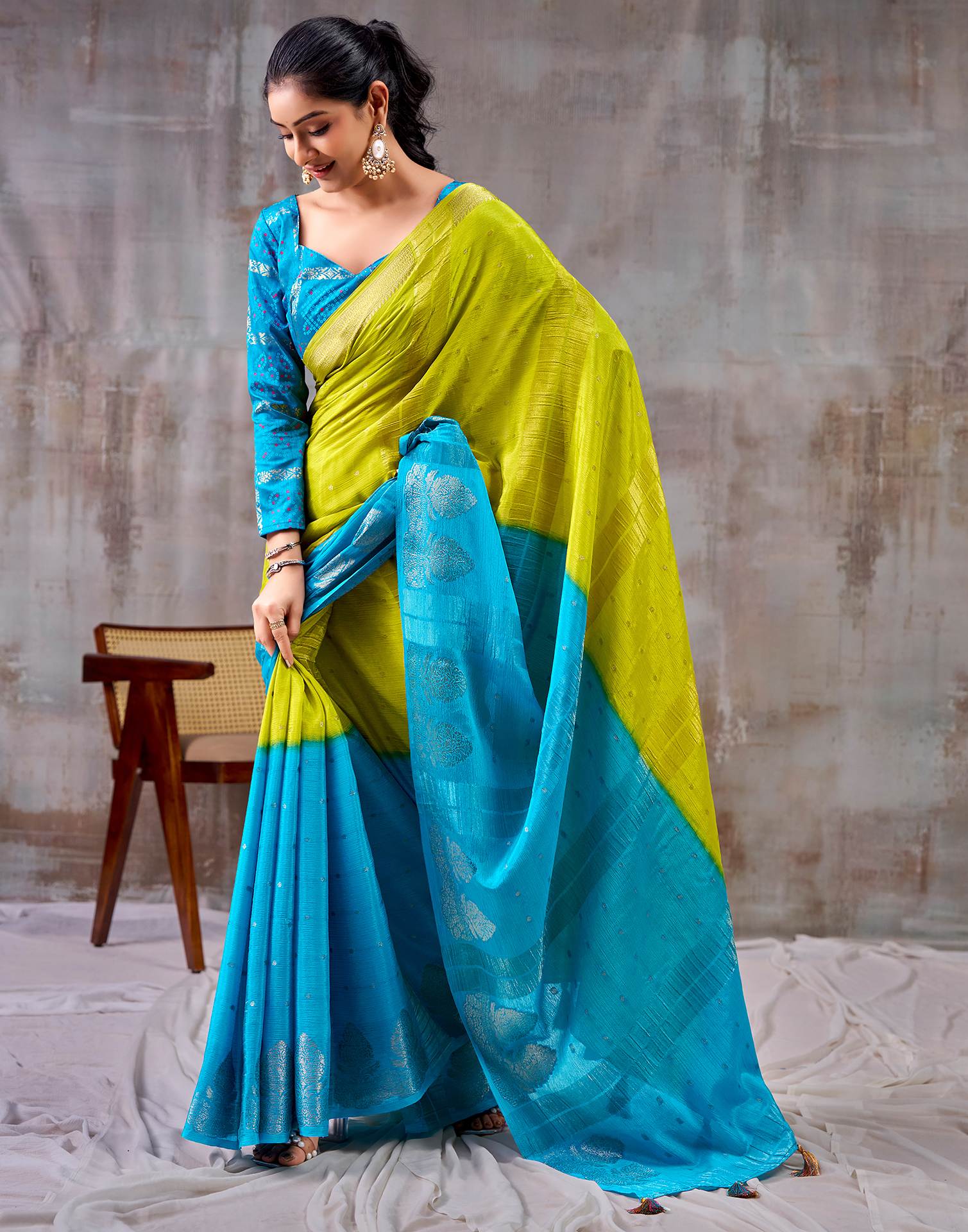 Lime Green Chinnon Chiffon Woven Saree - Image 4