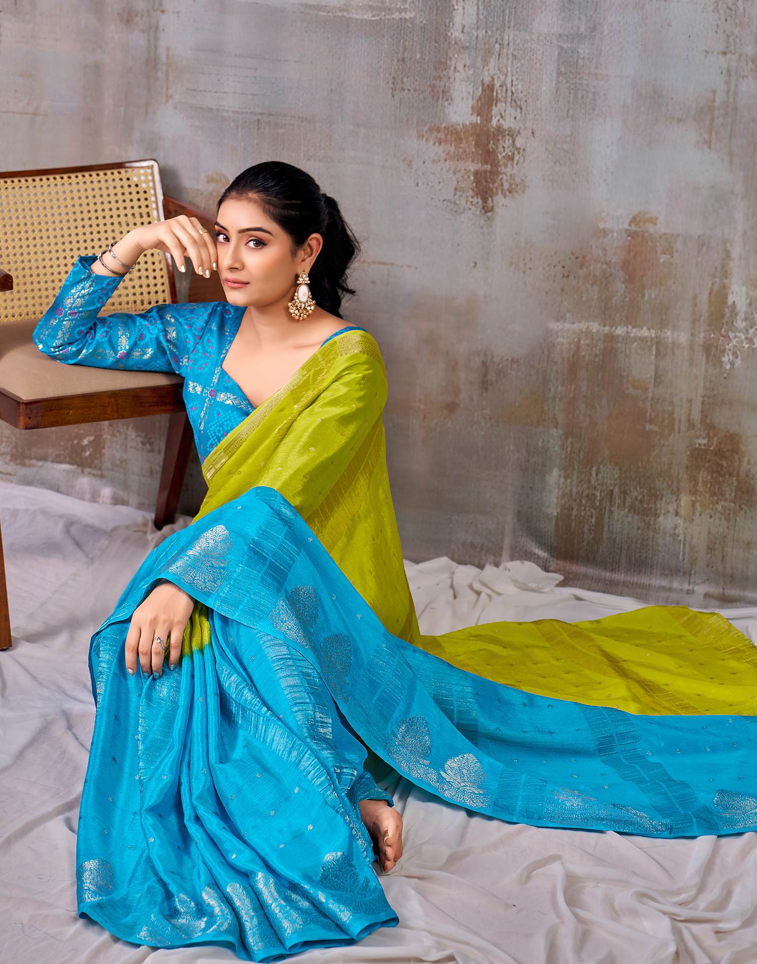 Lime Green Chinnon Chiffon Woven Saree - Image 5