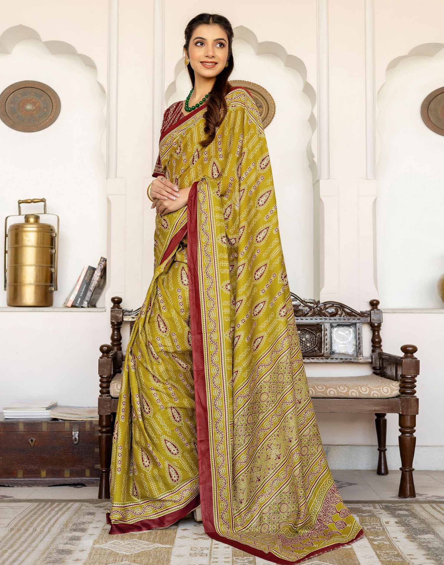 Lime Green Cotton Printed Saree - Image 5