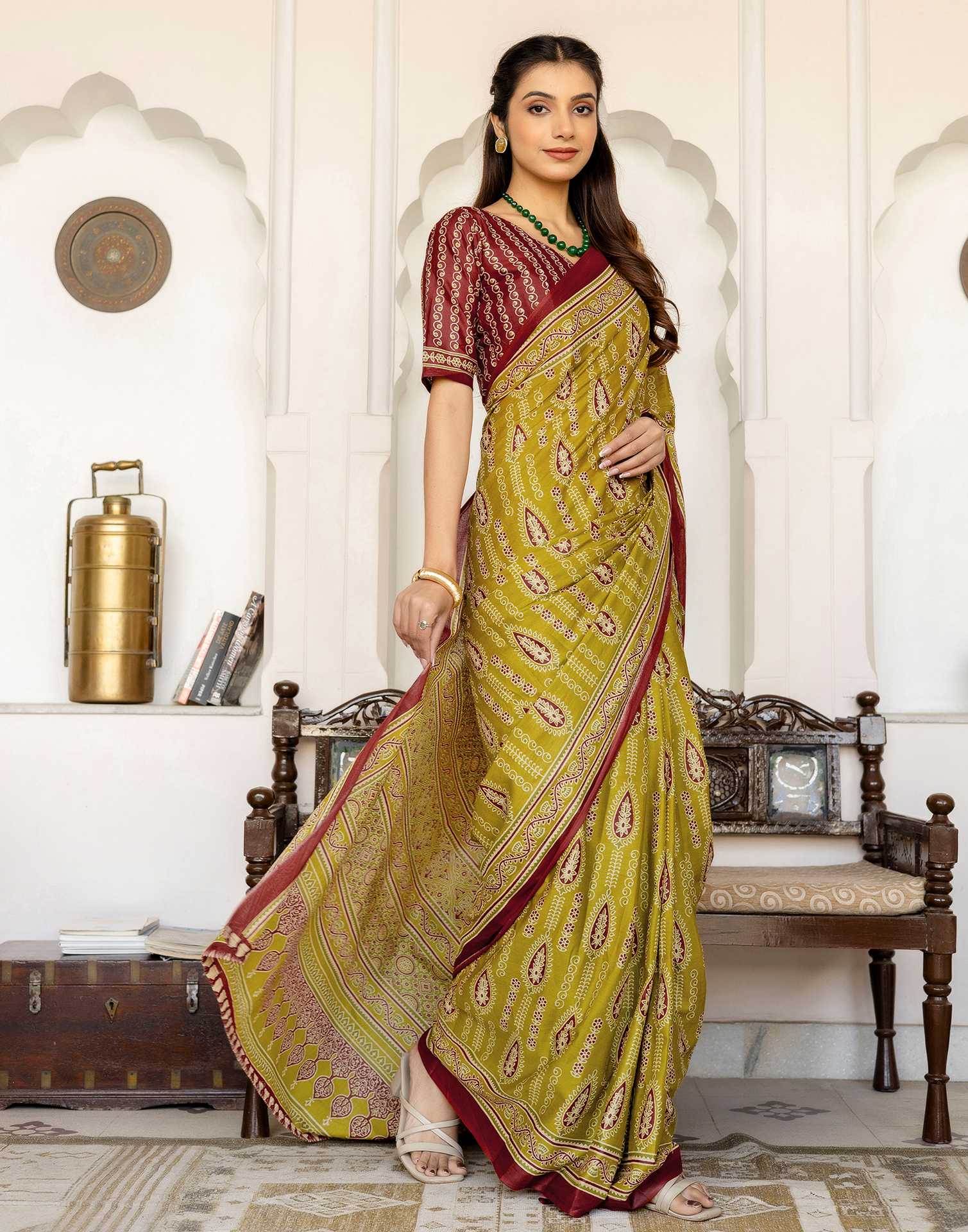 Lime Green Cotton Printed Saree - Image 6