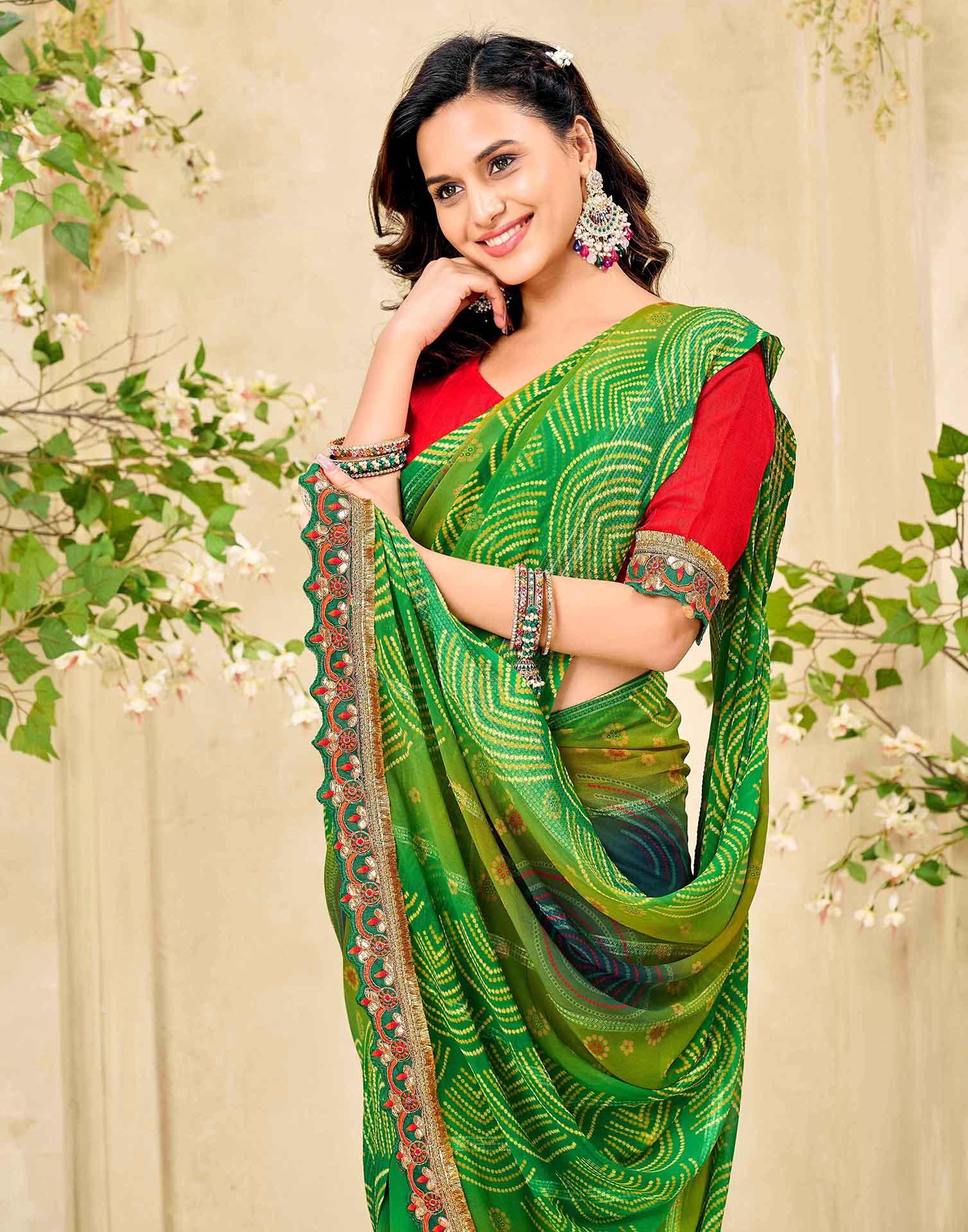 Lime Green Georgette Bandhani Printed Saree - Image 2