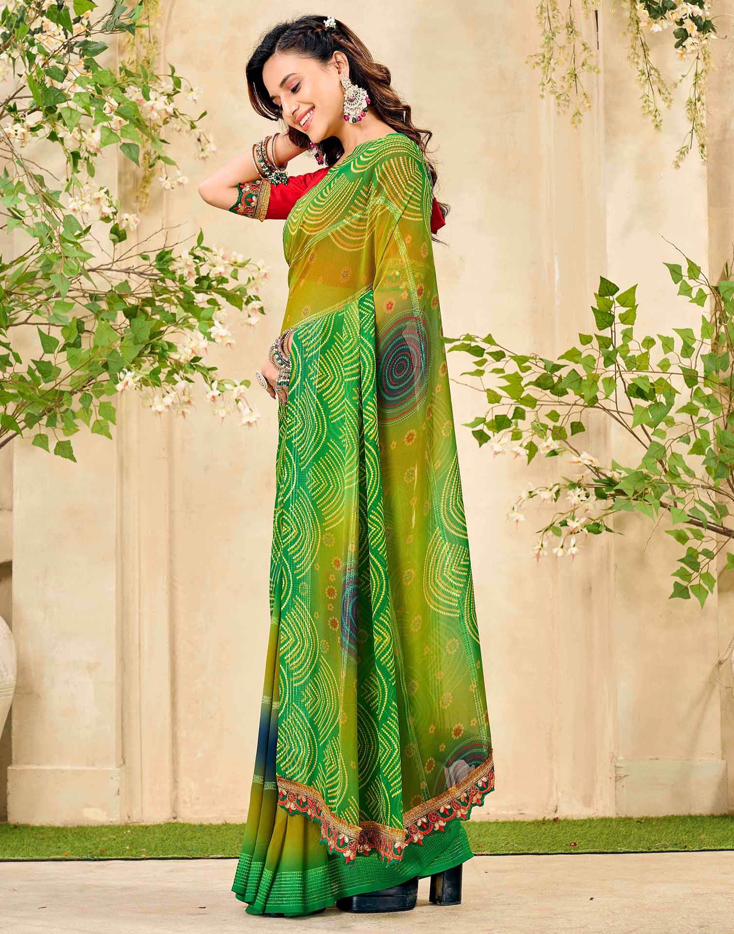 Lime Green Georgette Bandhani Printed Saree - Image 4