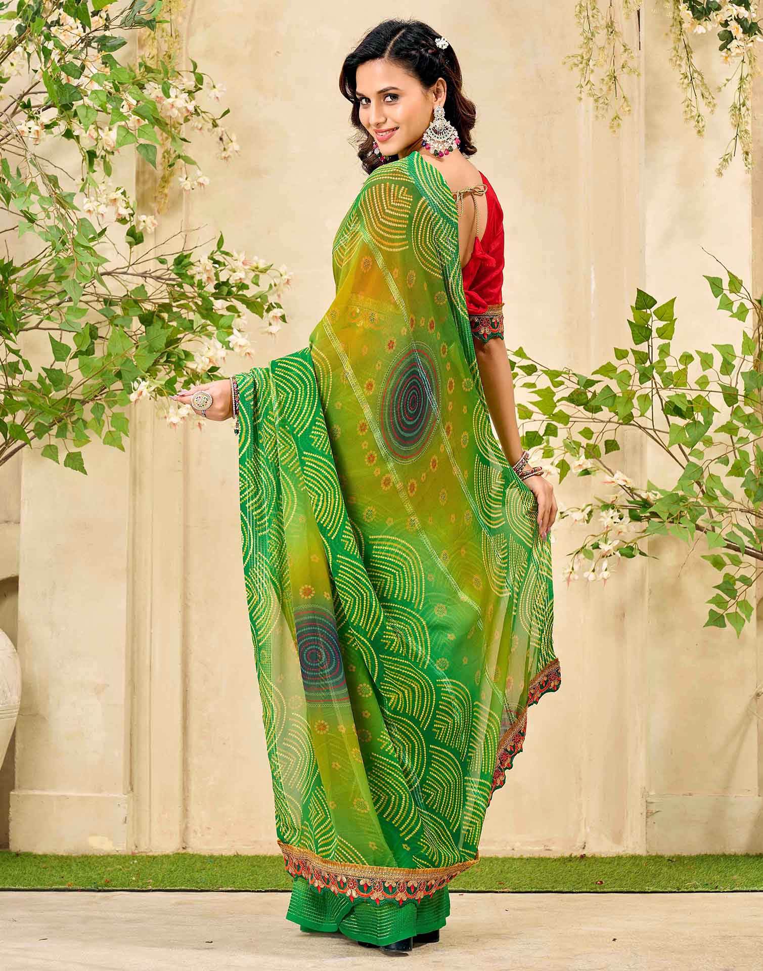 Lime Green Georgette Bandhani Printed Saree - Image 6