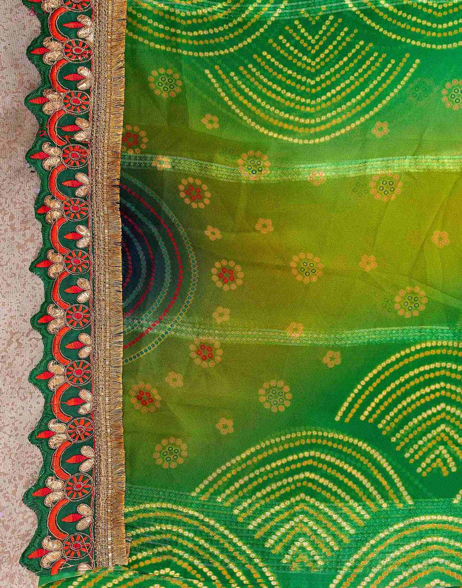 Lime Green Georgette Bandhani Printed Saree - Image 7