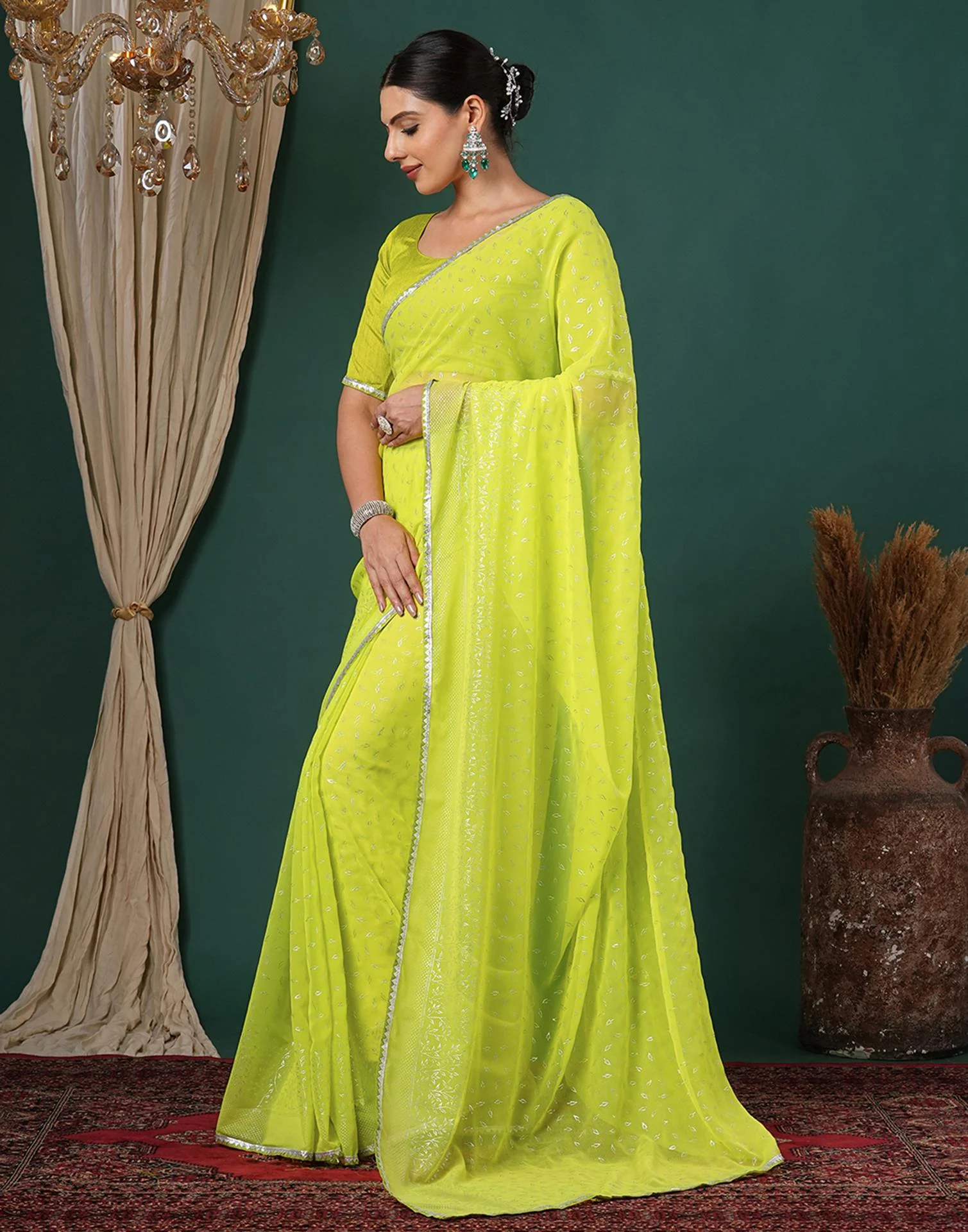Lime Green Georgette Foil Printed Saree - Image 4