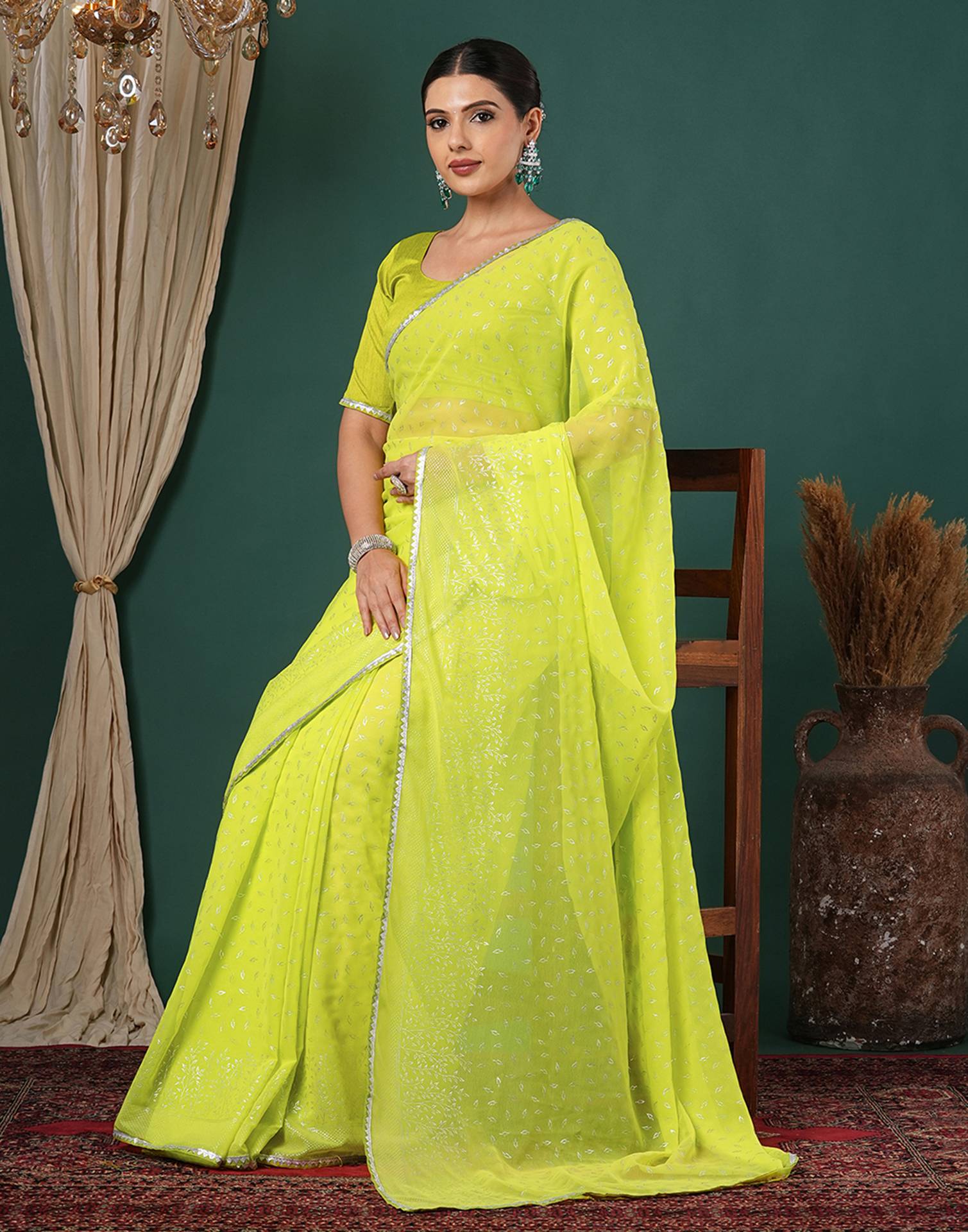 Lime Green Georgette Foil Printed Saree - Image 5