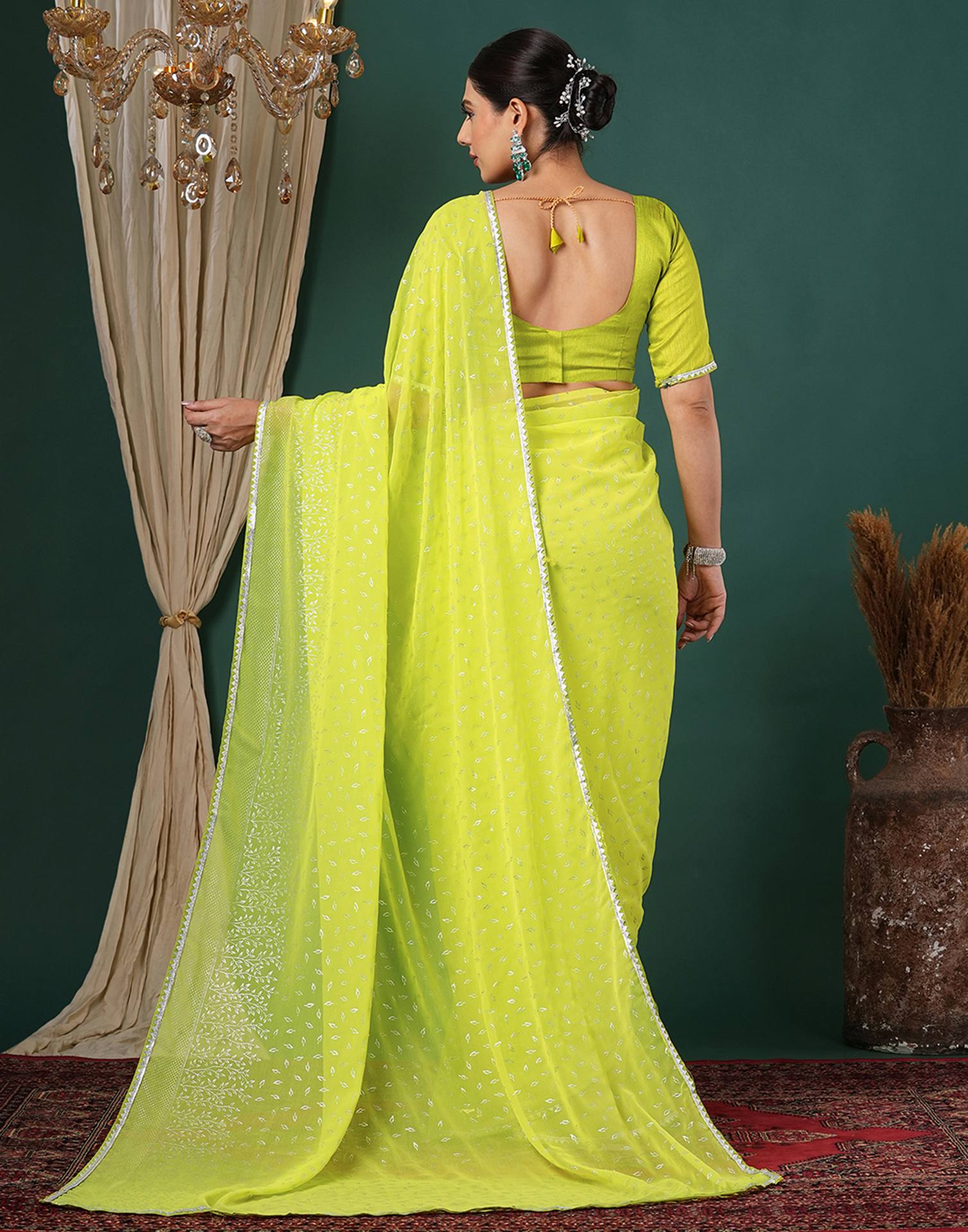 Lime Green Georgette Foil Printed Saree - Image 7