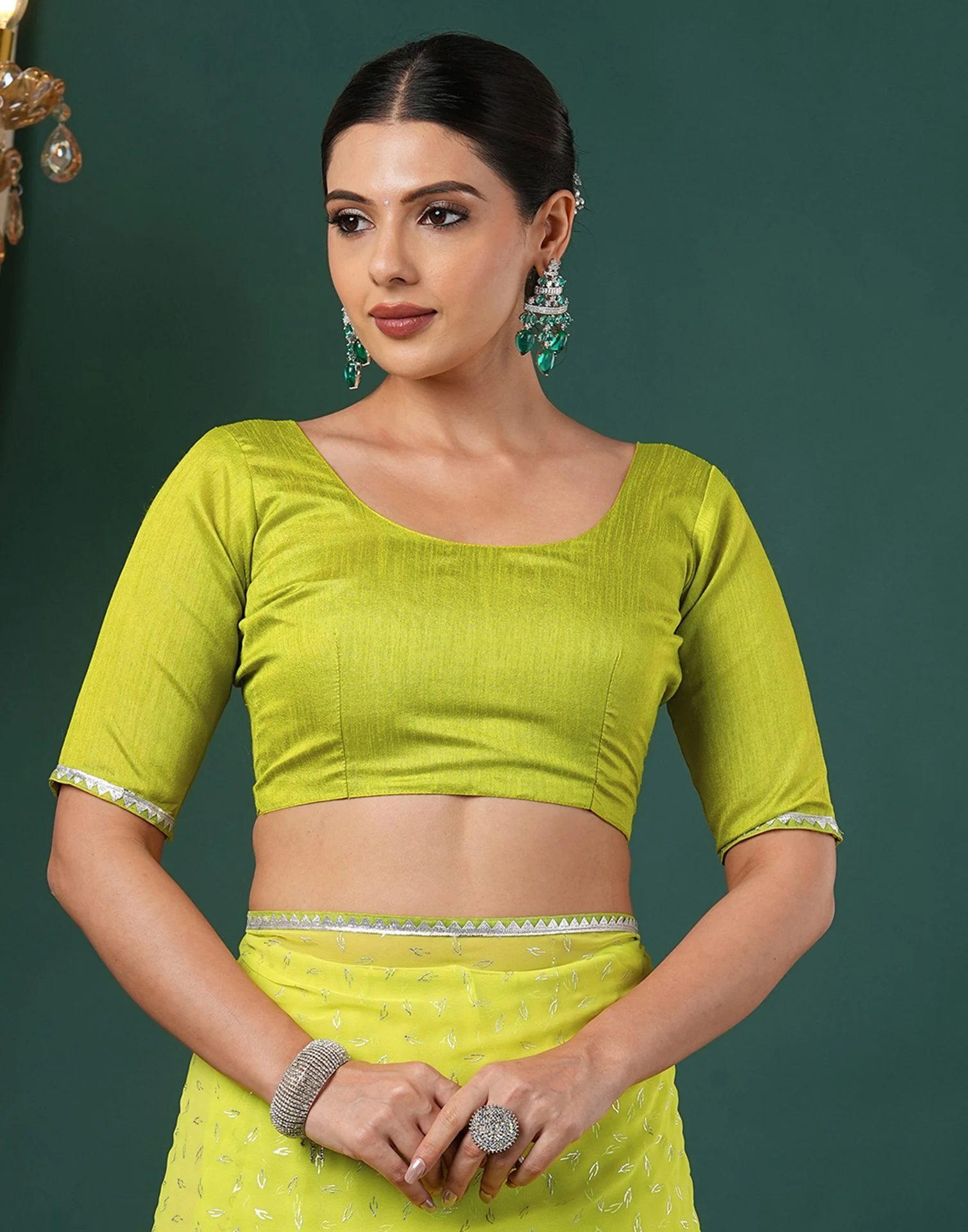 Lime Green Georgette Foil Printed Saree - Image 8