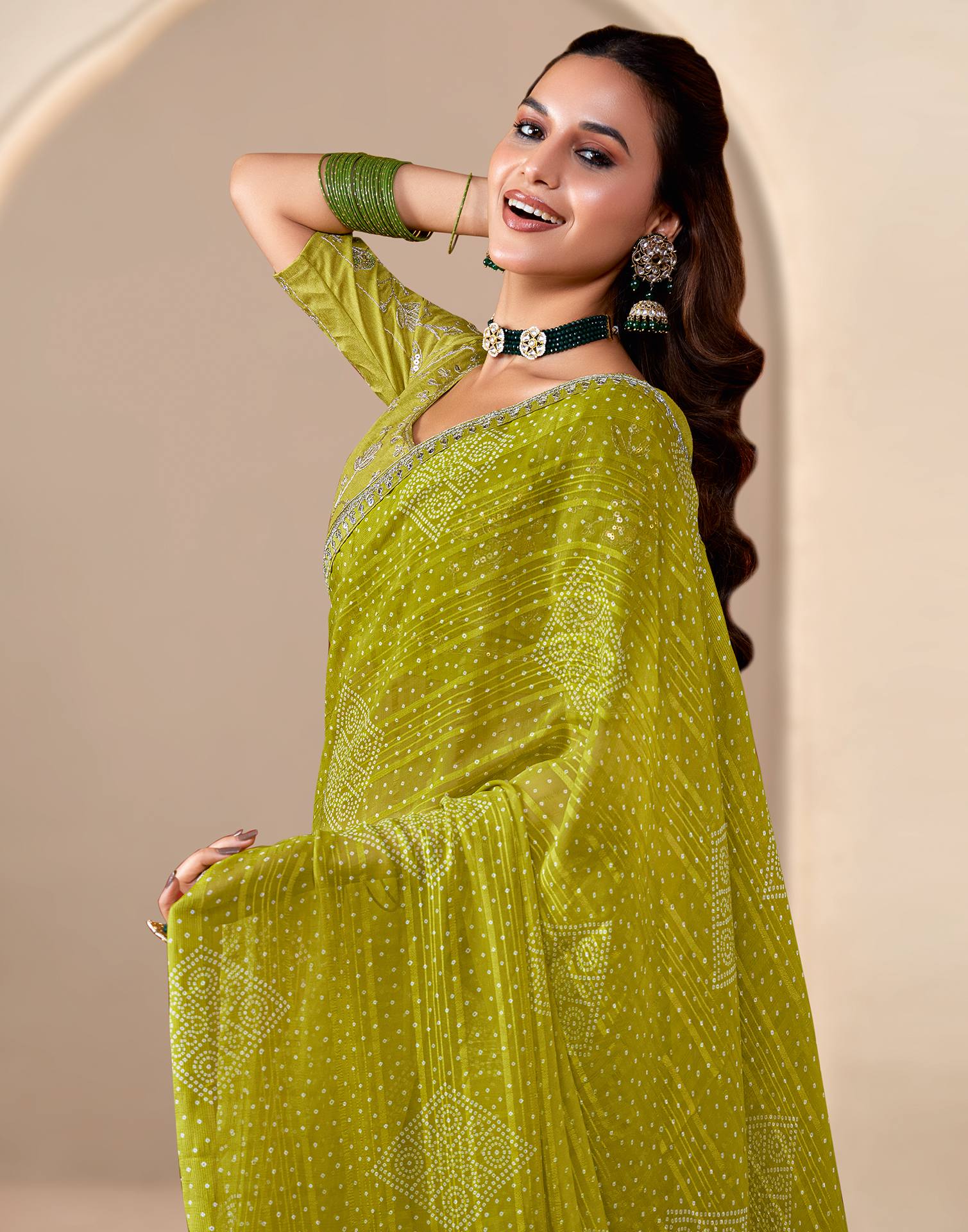Lime Green Georgette Printed Bandhani Saree - Image 2