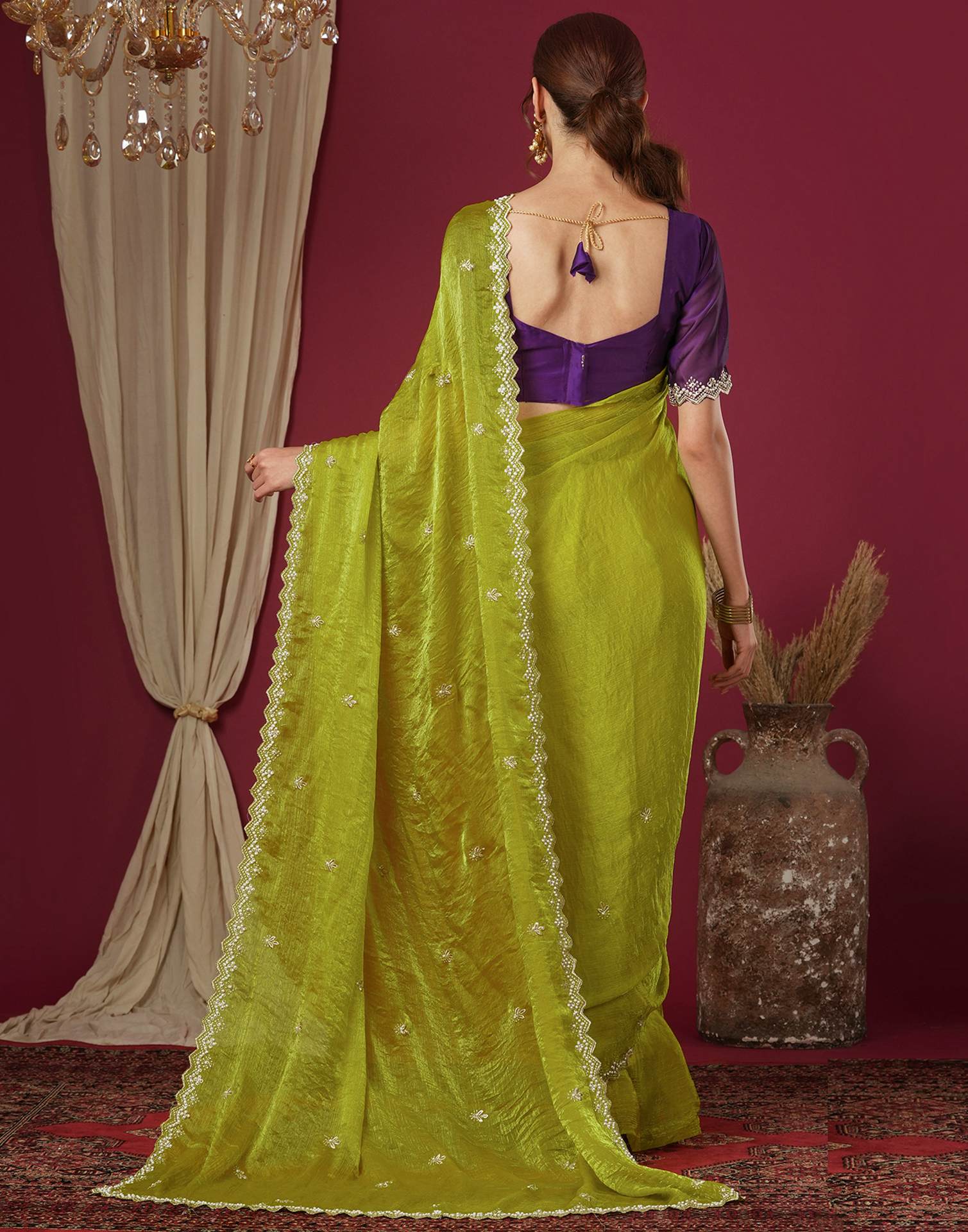 Lime Green Shimmer Pearl Work Embroidery Saree - Image 6