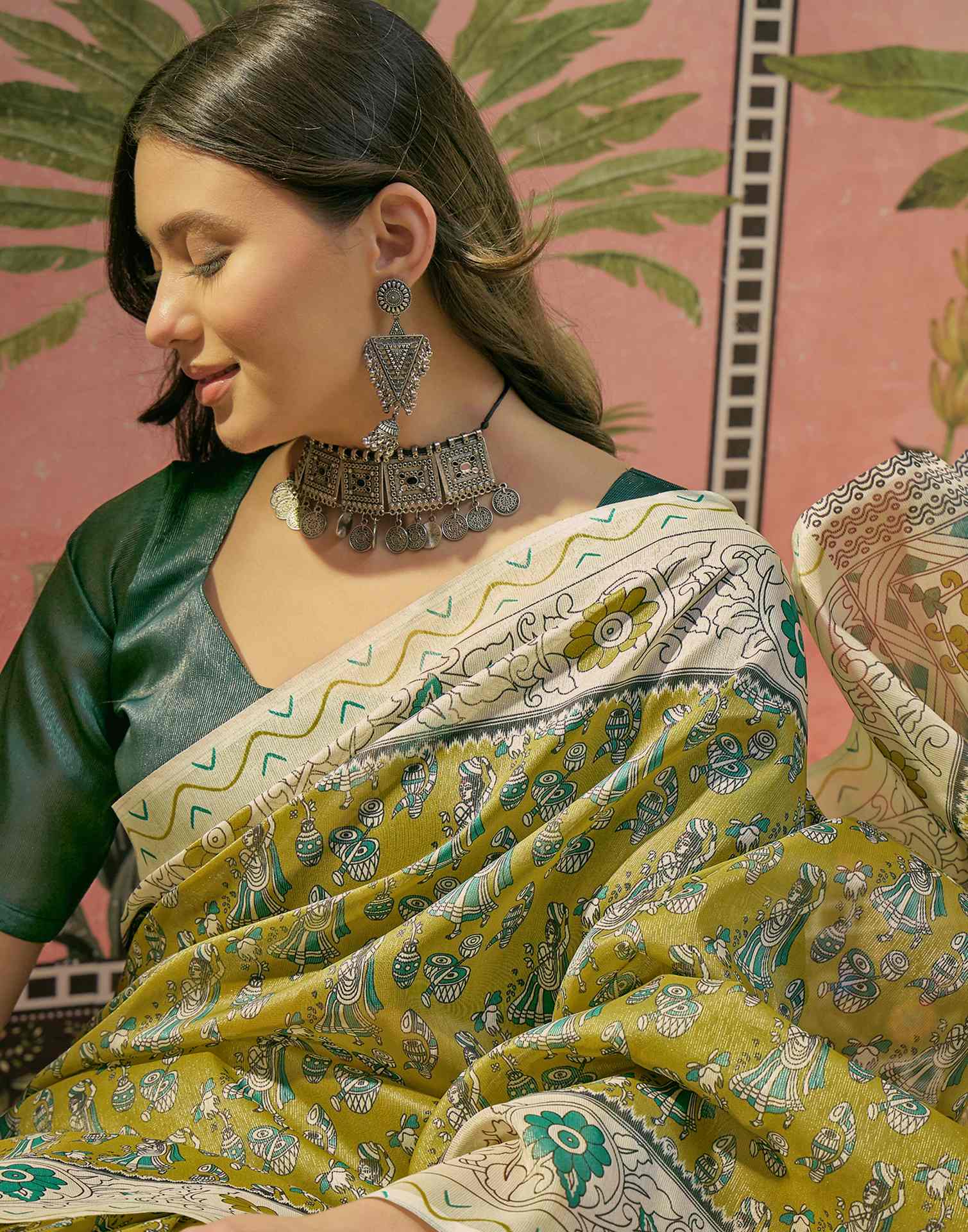 Lime Green Shimmer Silk Printed Saree - Image 2