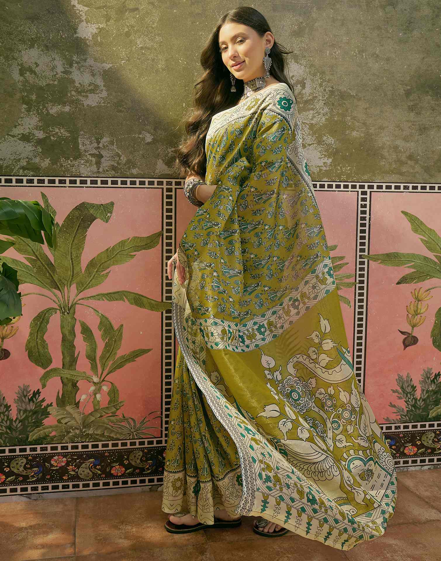 Lime Green Shimmer Silk Printed Saree - Image 4