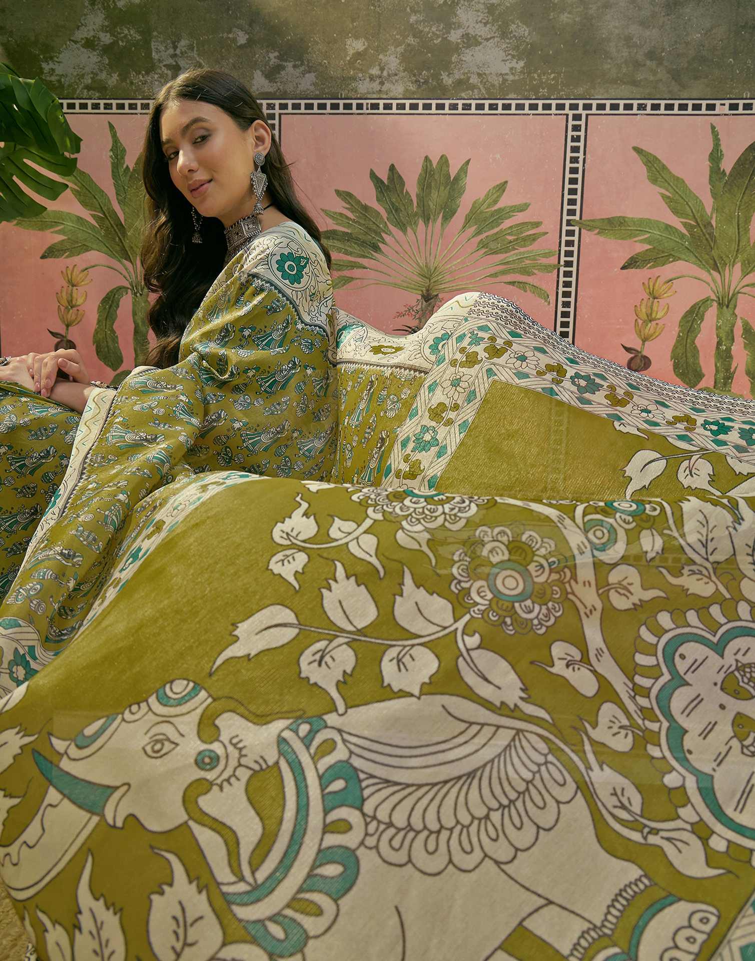 Lime Green Shimmer Silk Printed Saree - Image 7