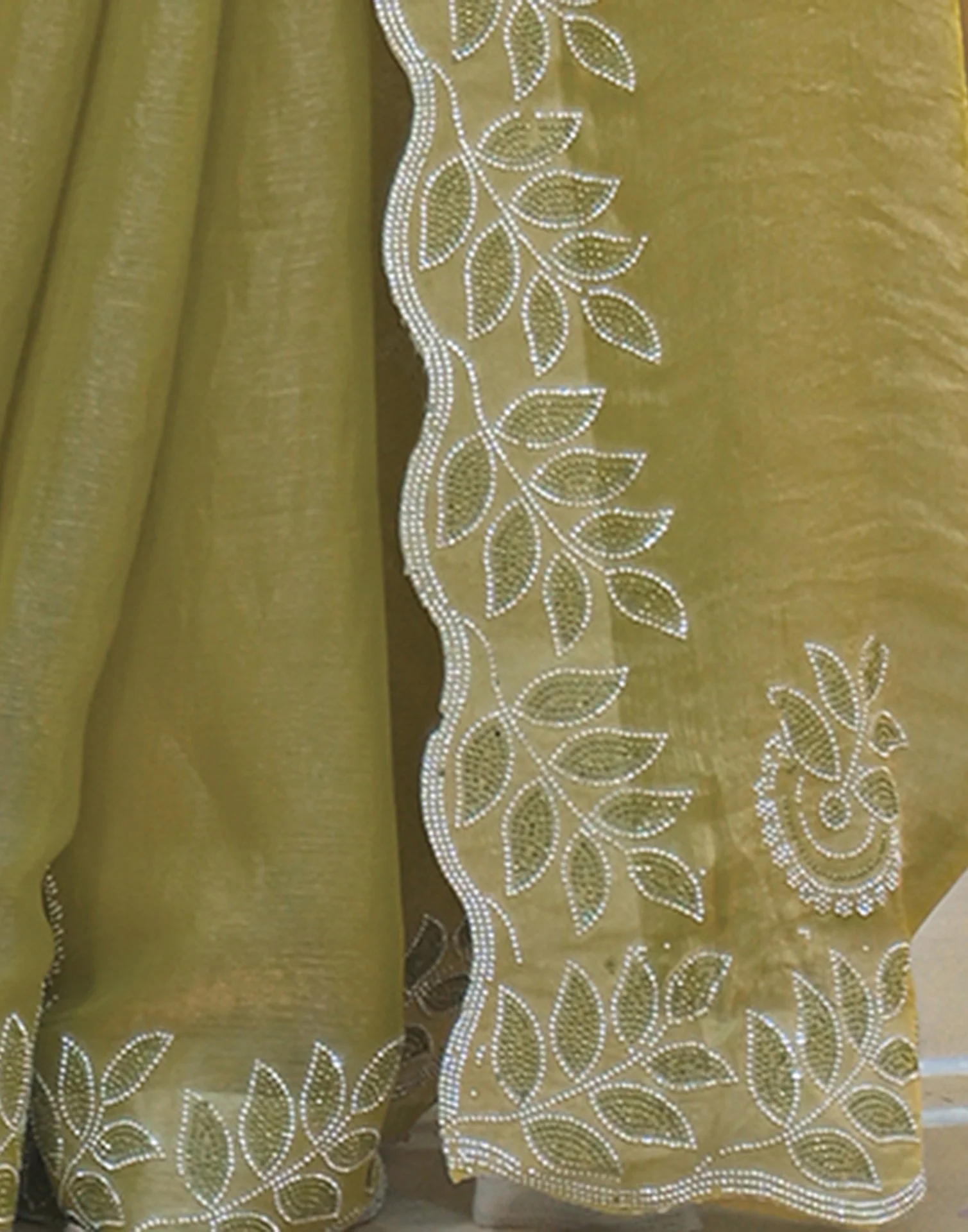 Lime Green Shimmer Stone Work Embellished Saree - Image 10