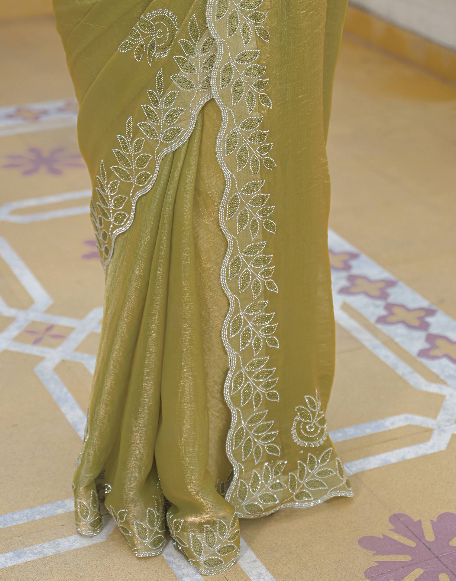 Lime Green Shimmer Stone Work Embellished Saree - Image 11
