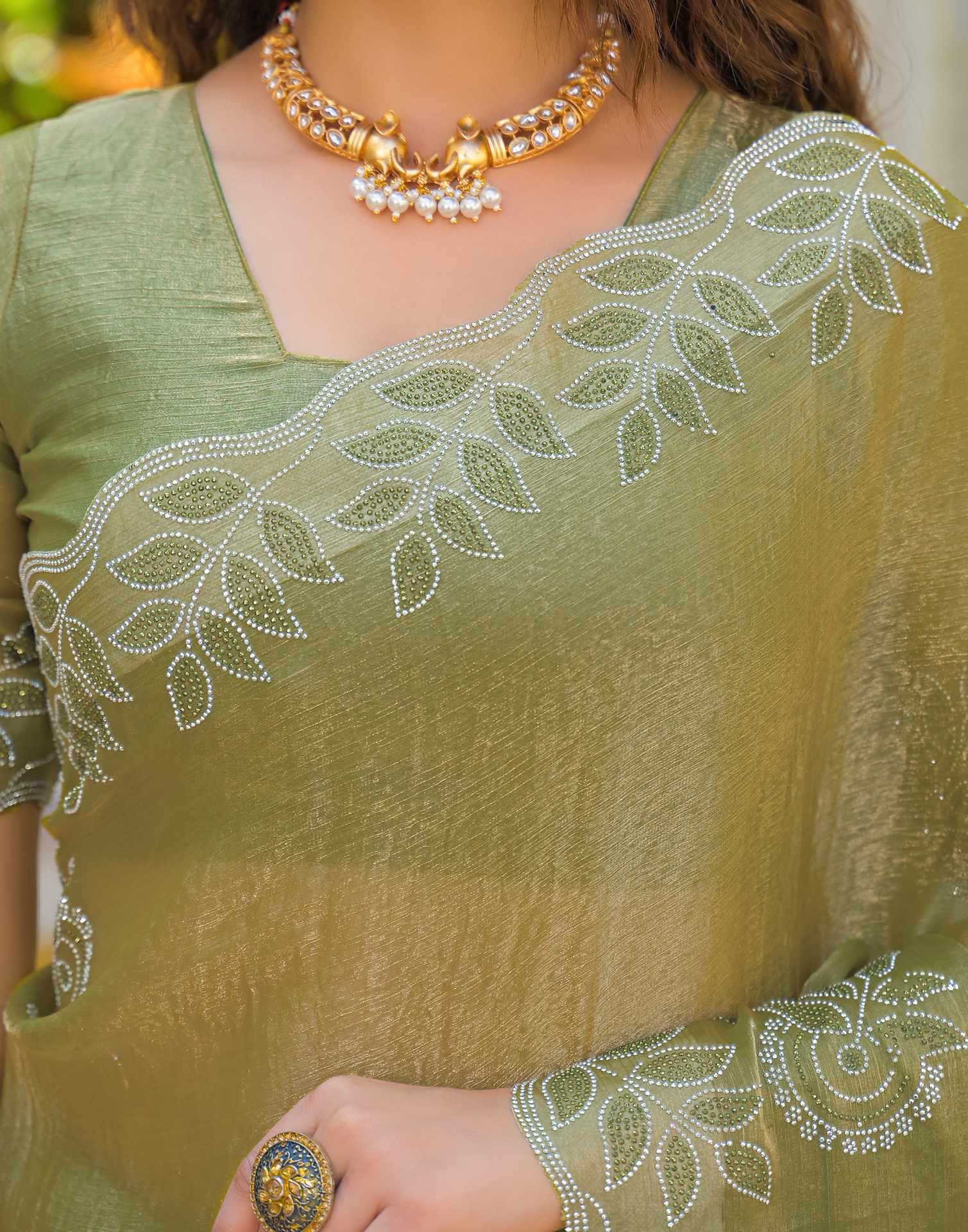 Lime Green Shimmer Stone Work Embellished Saree - Image 12