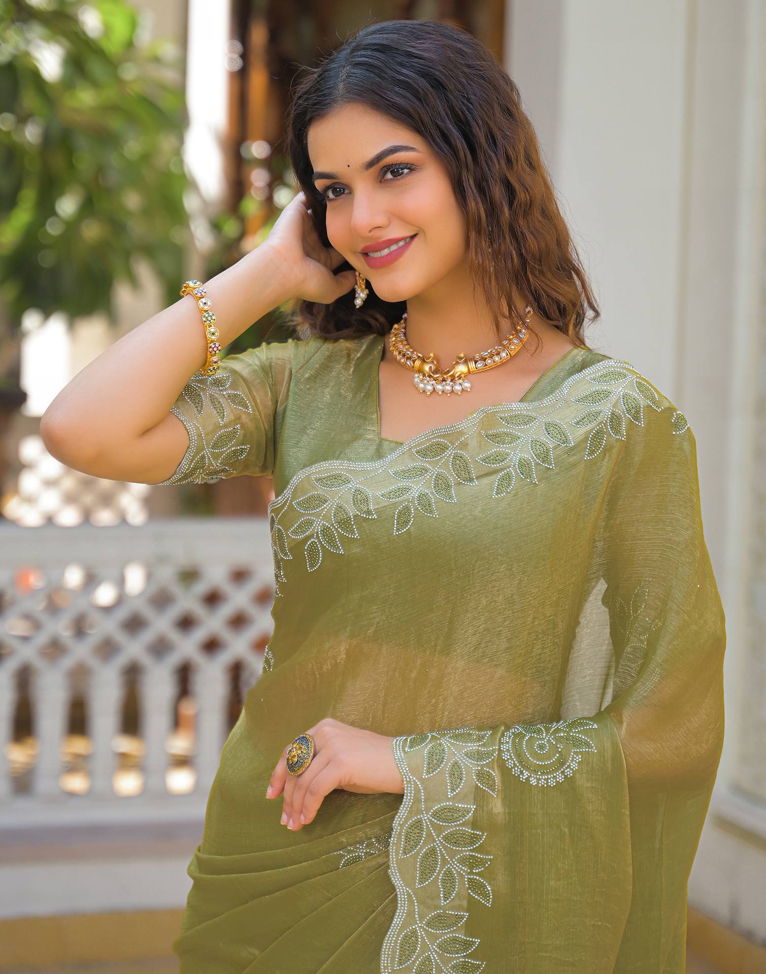 Lime Green Shimmer Stone Work Embellished Saree - Image 4