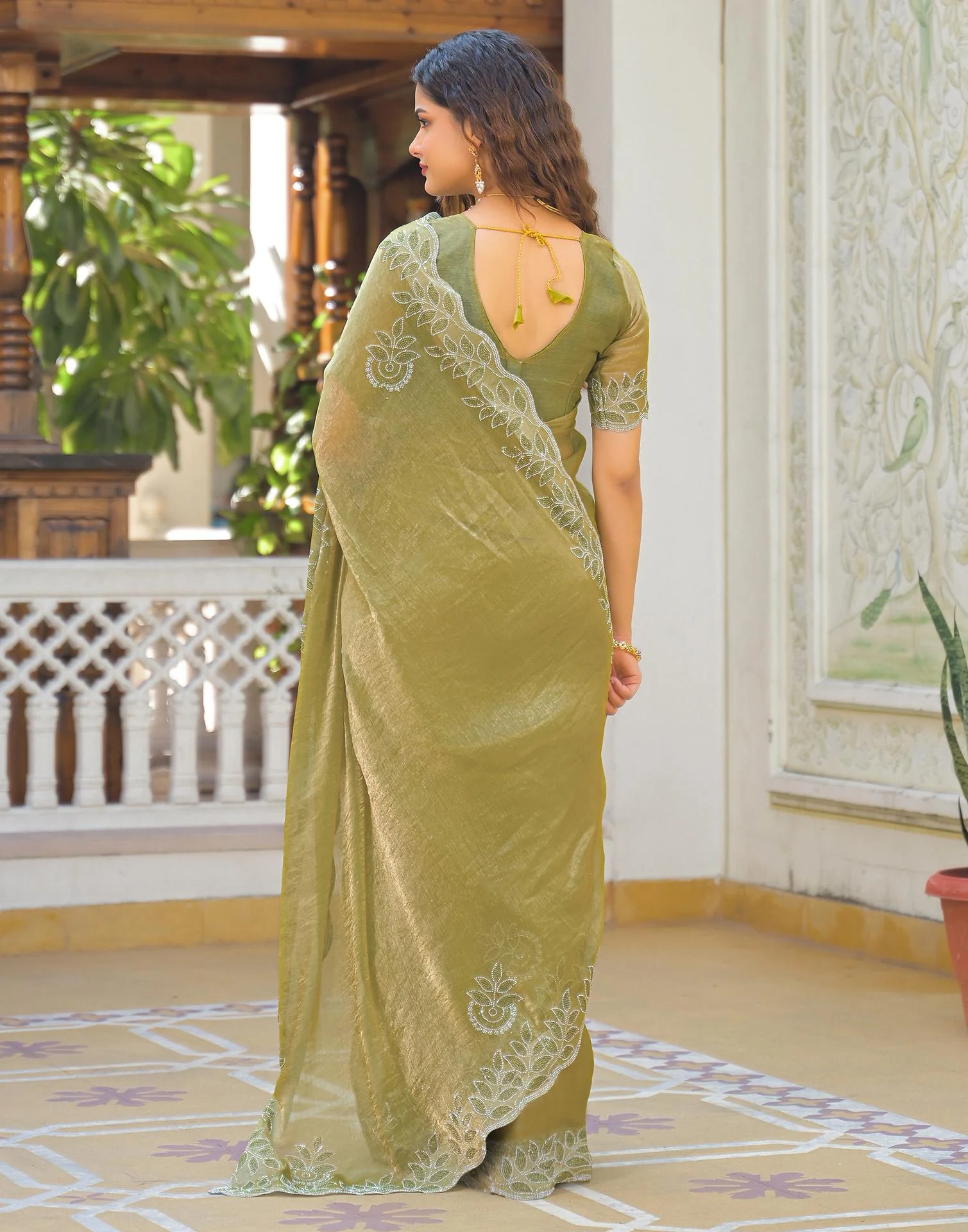 Lime Green Shimmer Stone Work Embellished Saree - Image 7