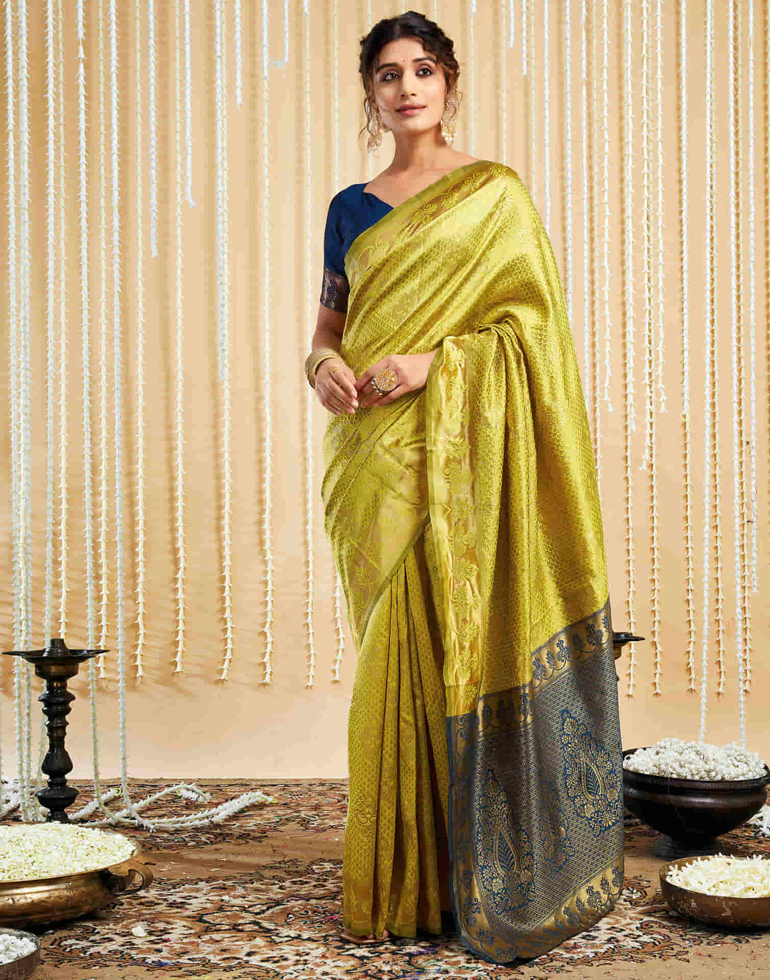 Lime Yellow Silk Woven Banarasi Saree - Image 4