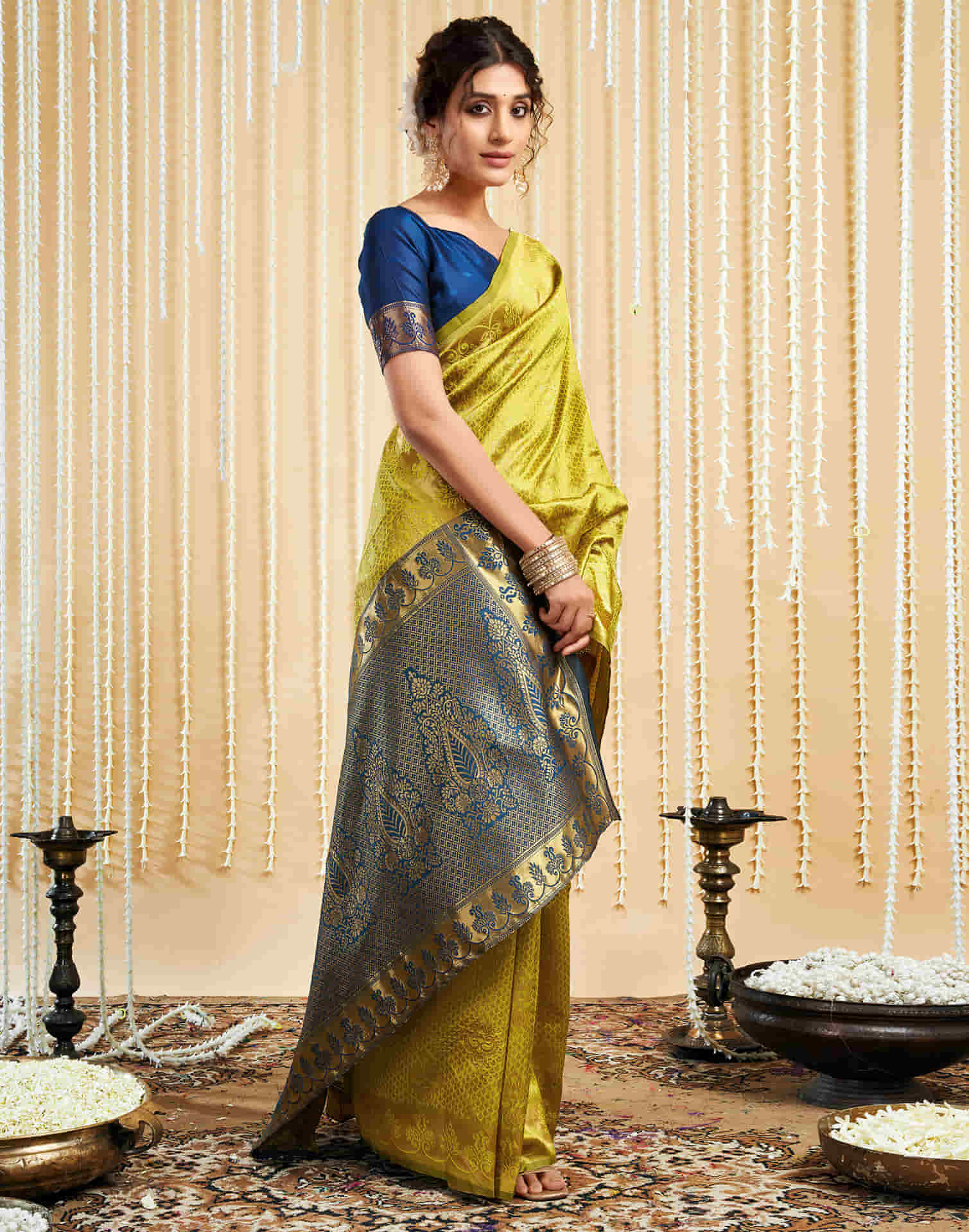 Lime Yellow Silk Woven Banarasi Saree - Image 5