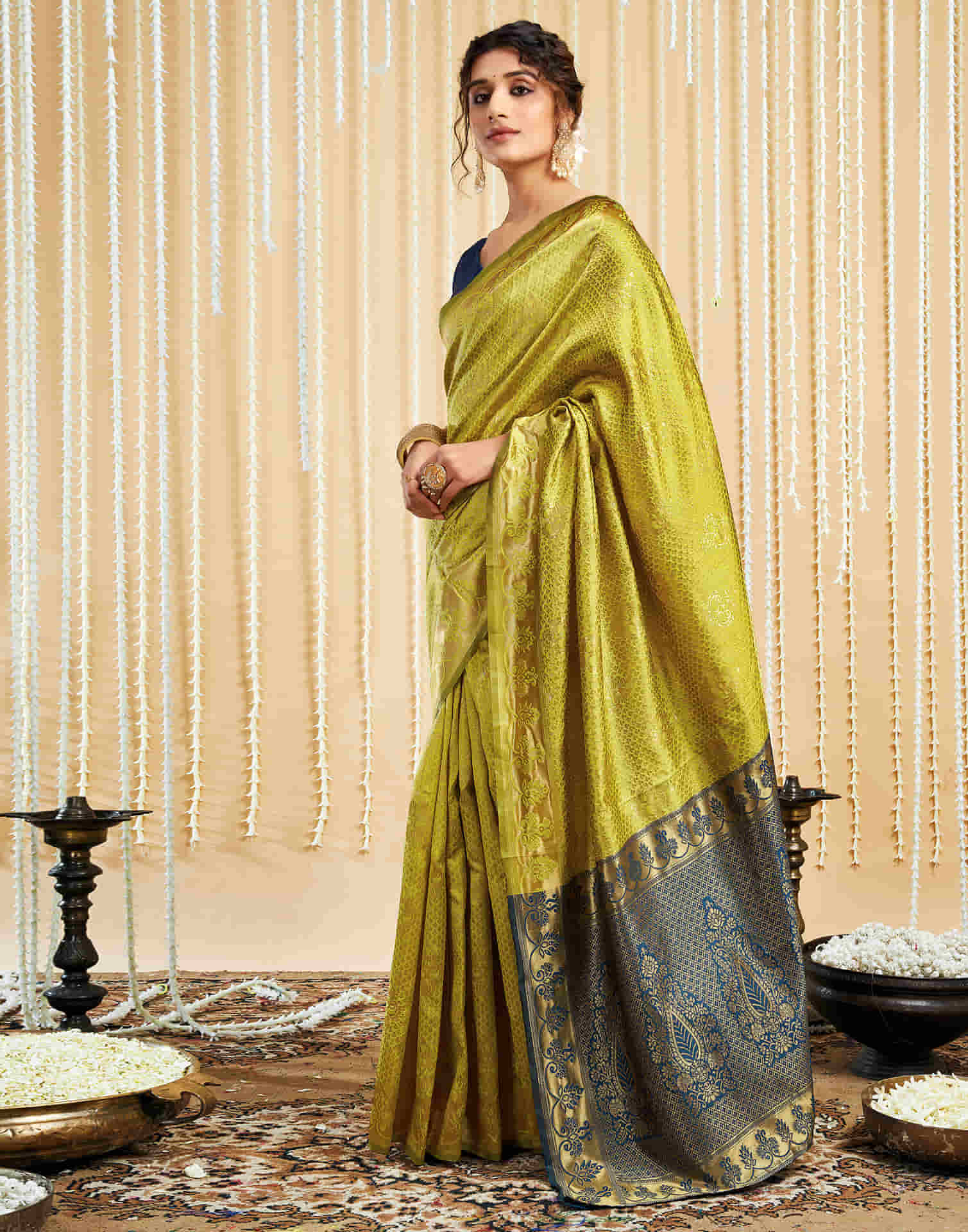 Lime Yellow Silk Woven Banarasi Saree - Image 6