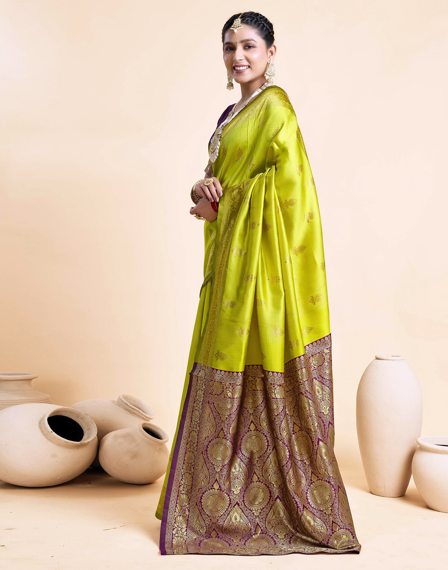 Lime Green Silk Woven Banarasi Saree - Image 4