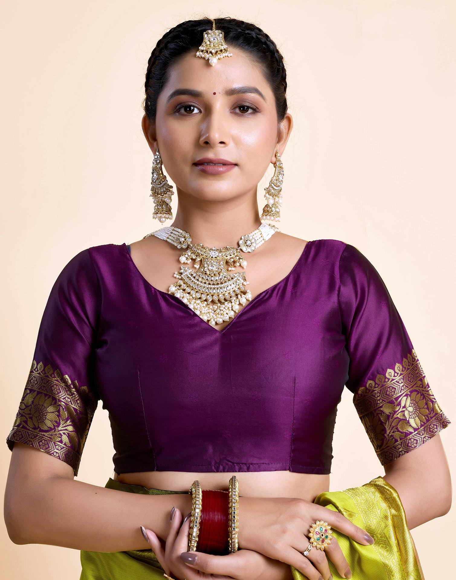 Lime Green Silk Woven Banarasi Saree - Image 9