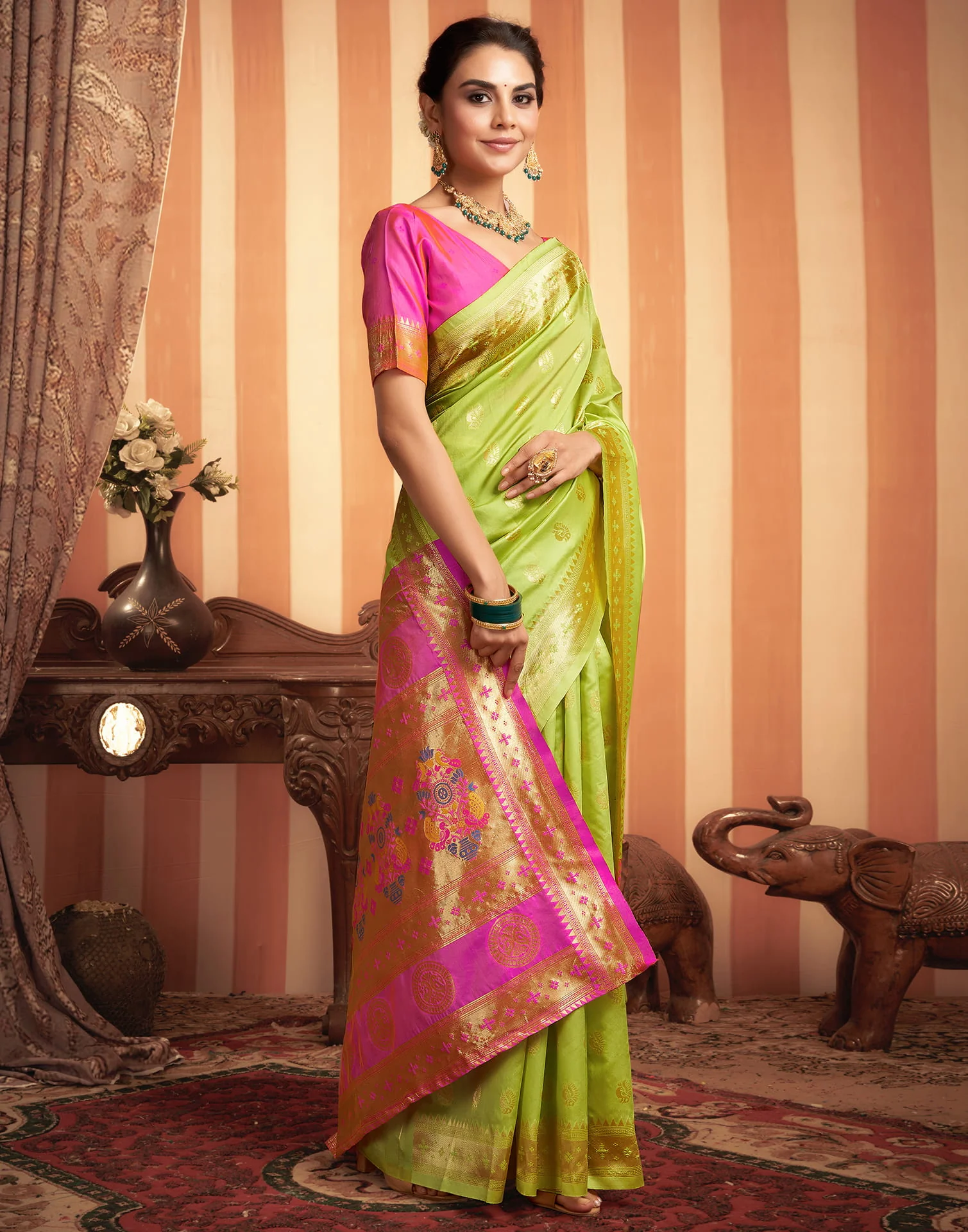 Lime Green Silk Woven Paithani Saree - Image 4