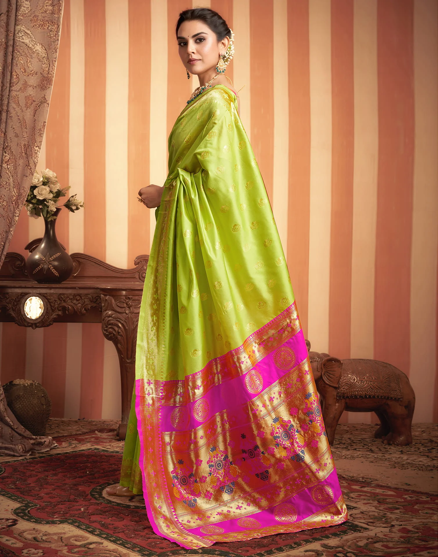 Lime Green Silk Woven Paithani Saree - Image 5
