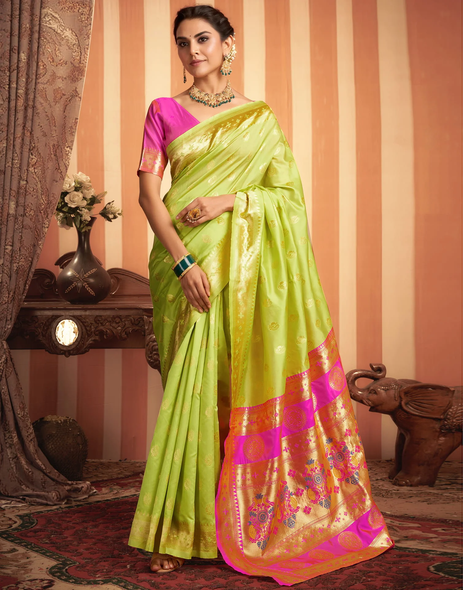 Lime Green Silk Woven Paithani Saree - Image 6
