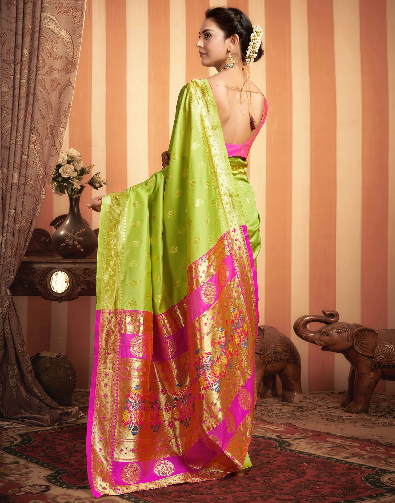 Lime Green Silk Woven Paithani Saree - Image 7