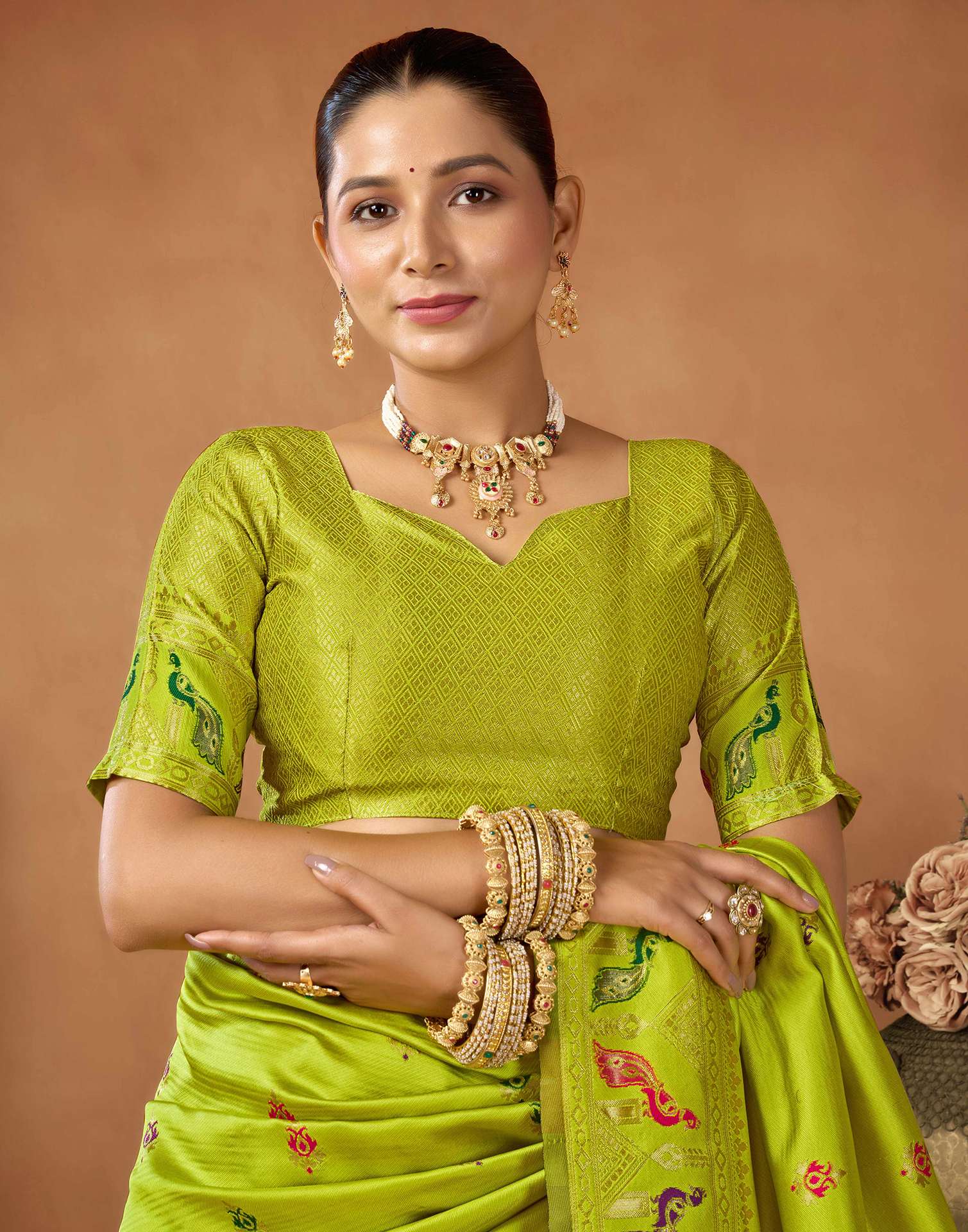 Lime Green Silk Woven Paithani Saree - Image 8