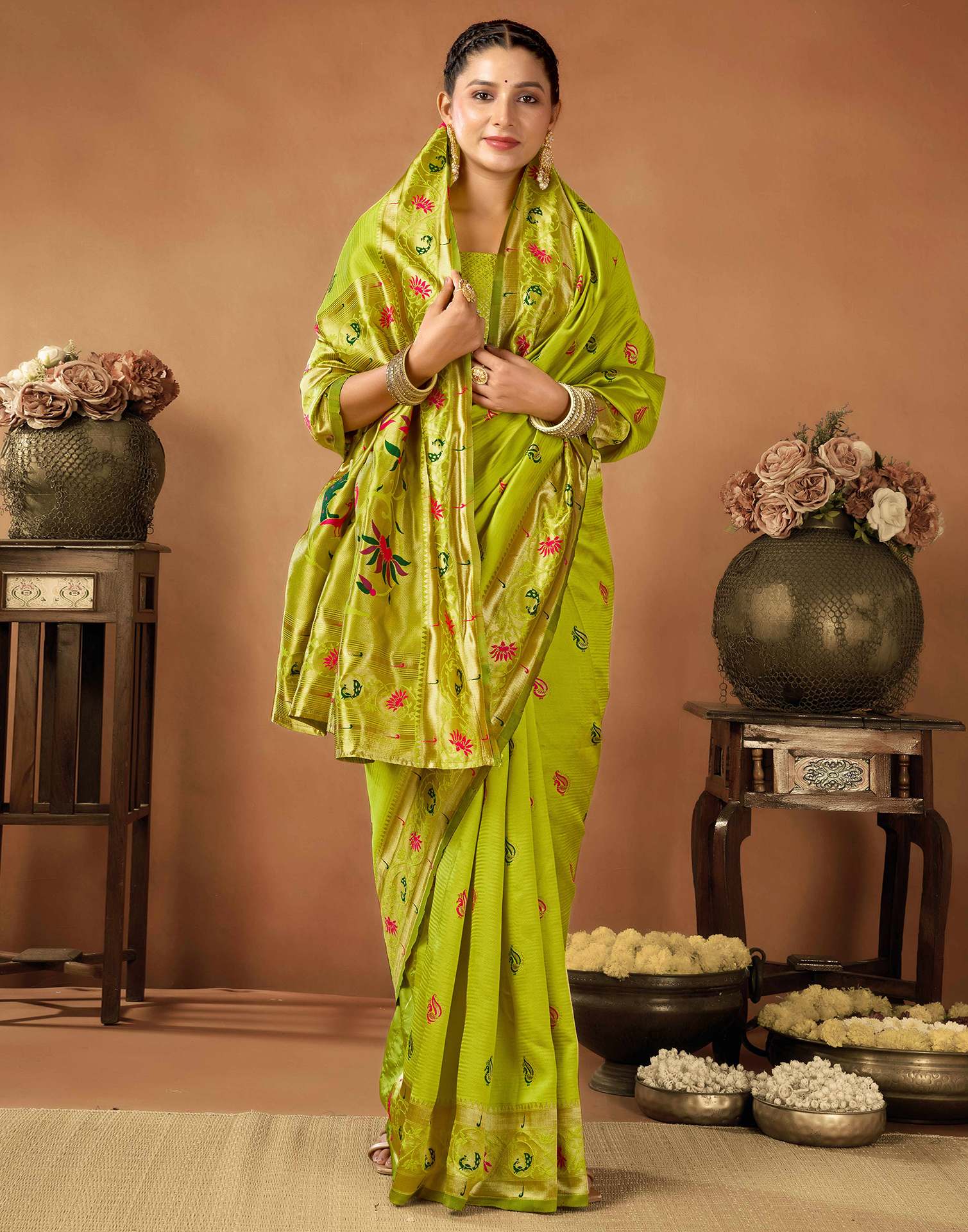 Lime Green Silk Woven Paithani Saree - Image 5