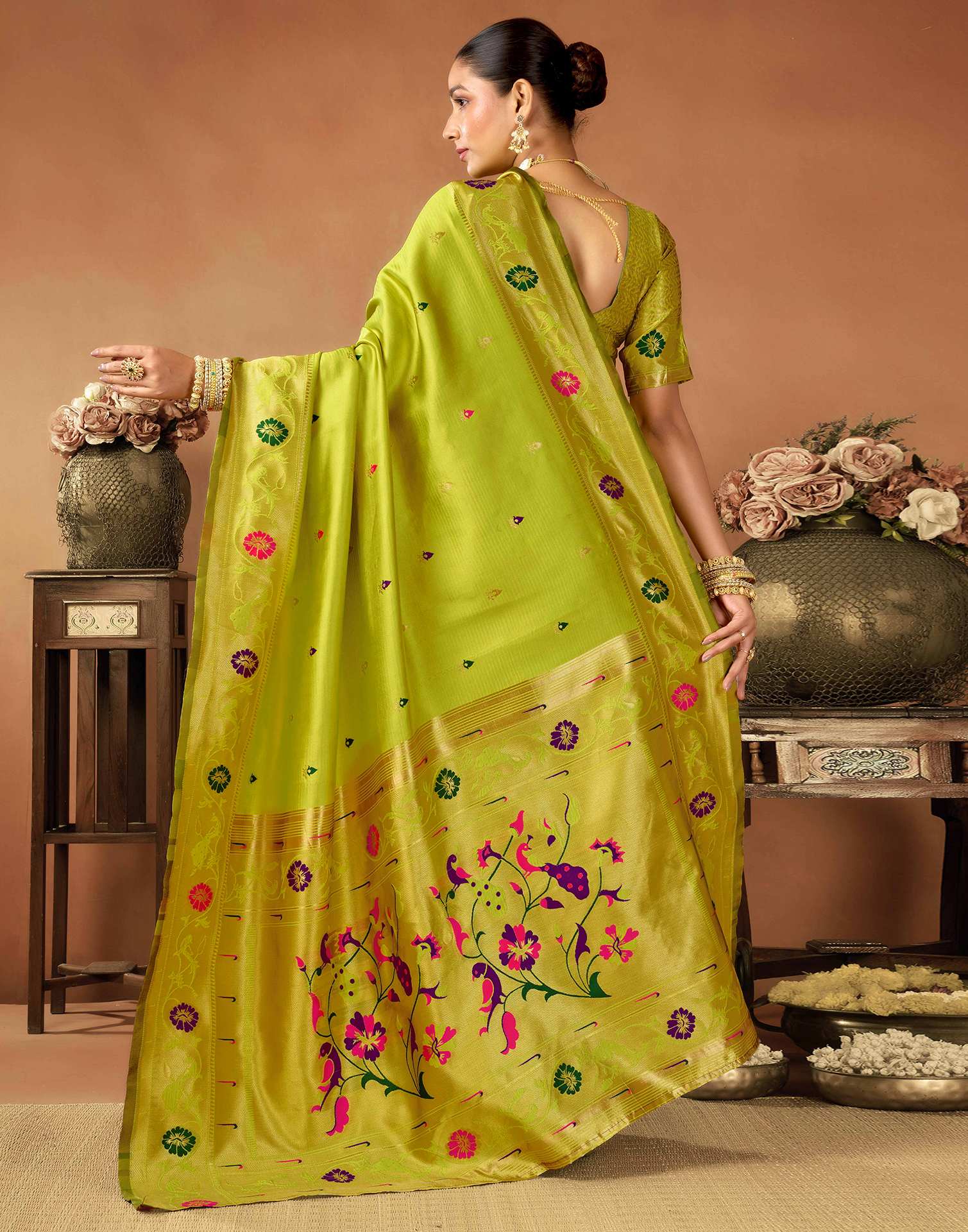 Lime Green Silk Woven Paithani Saree - Image 4