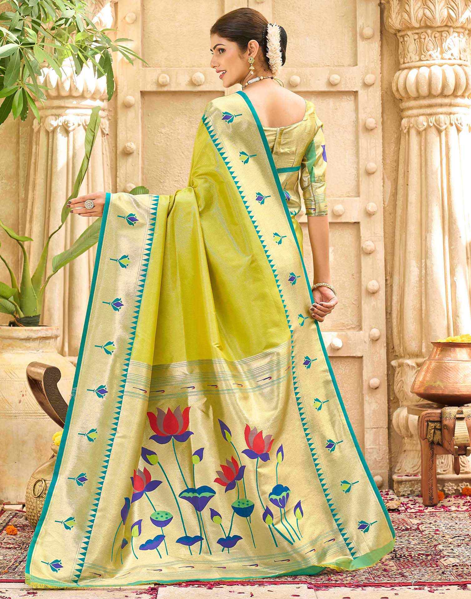 Lime Green Silk Woven Paithani Saree - Image 6