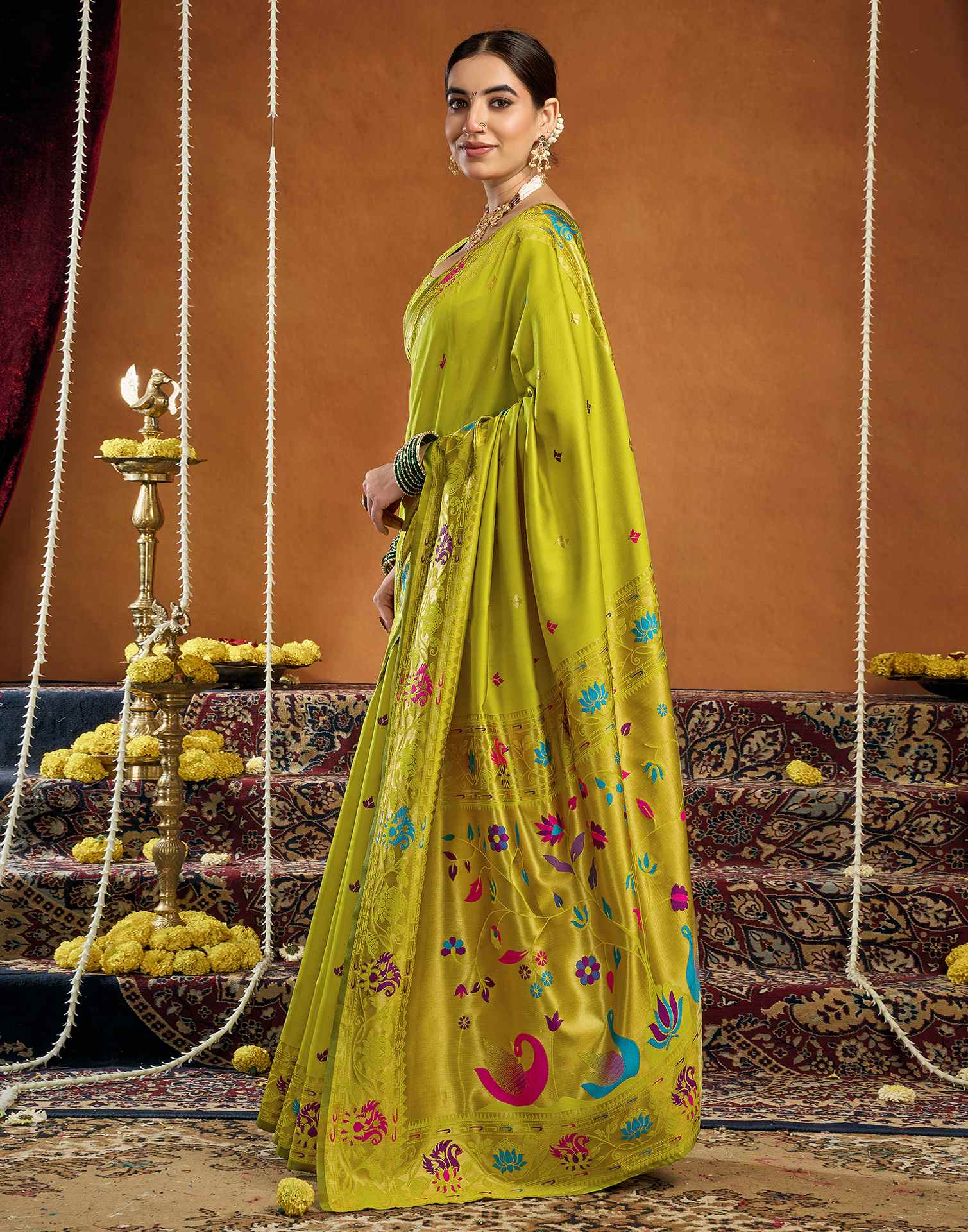 Lime Green Silk Woven Paithani Saree - Image 4