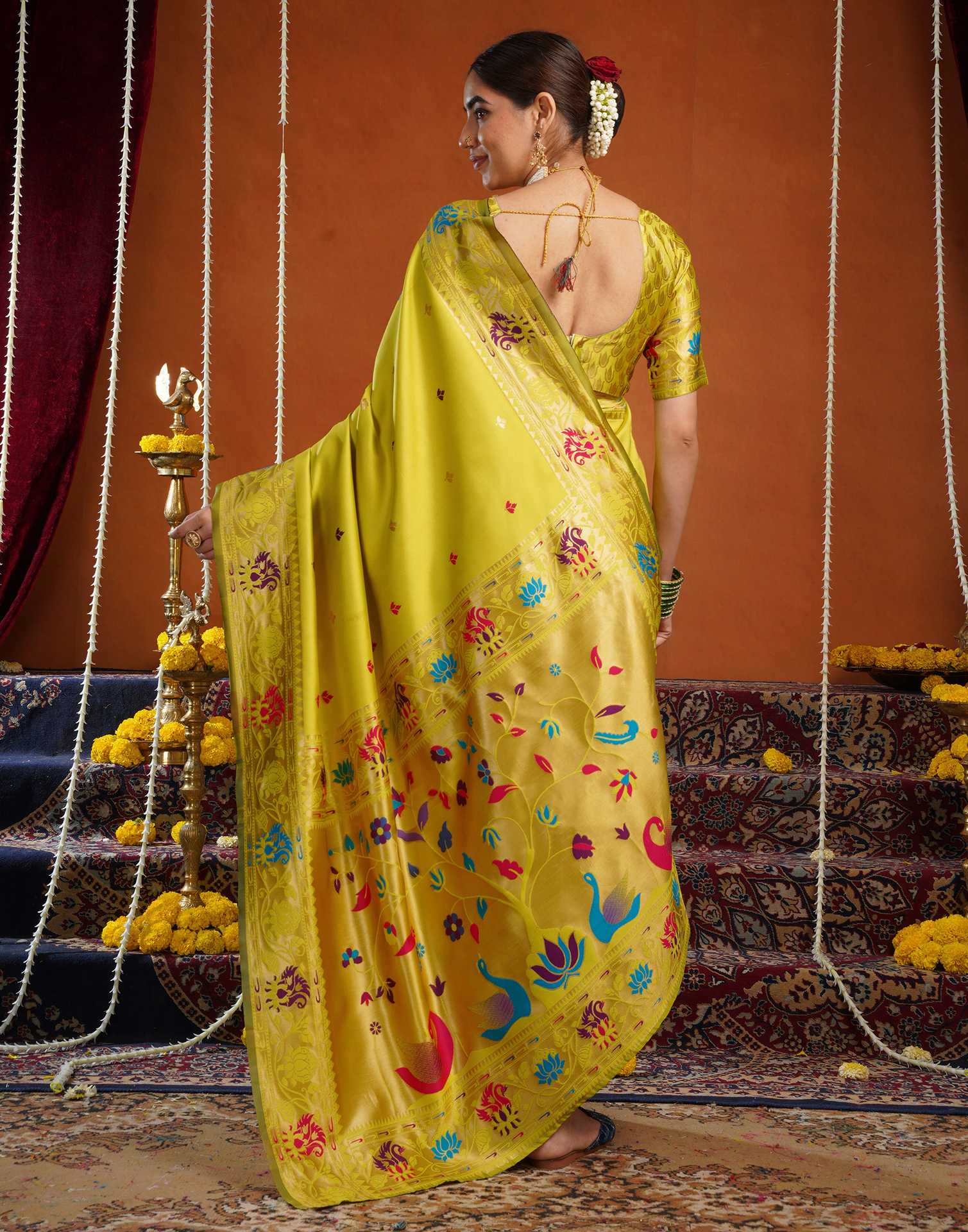 Lime Green Silk Woven Paithani Saree - Image 6